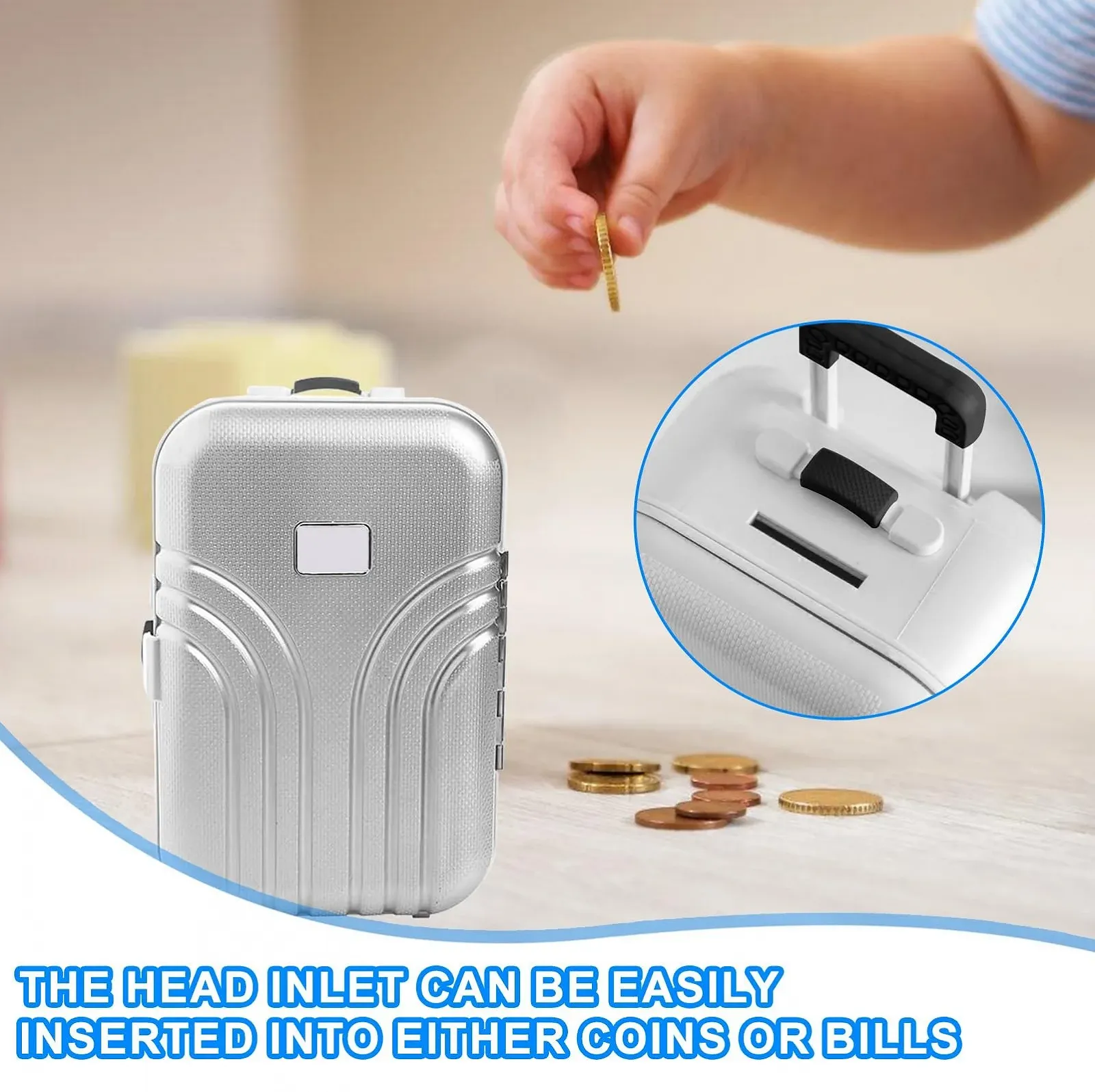 Скарбничка HOMURY Mini Luggage Piggy Bank Creative Suitcase ABS Silver, фото №5