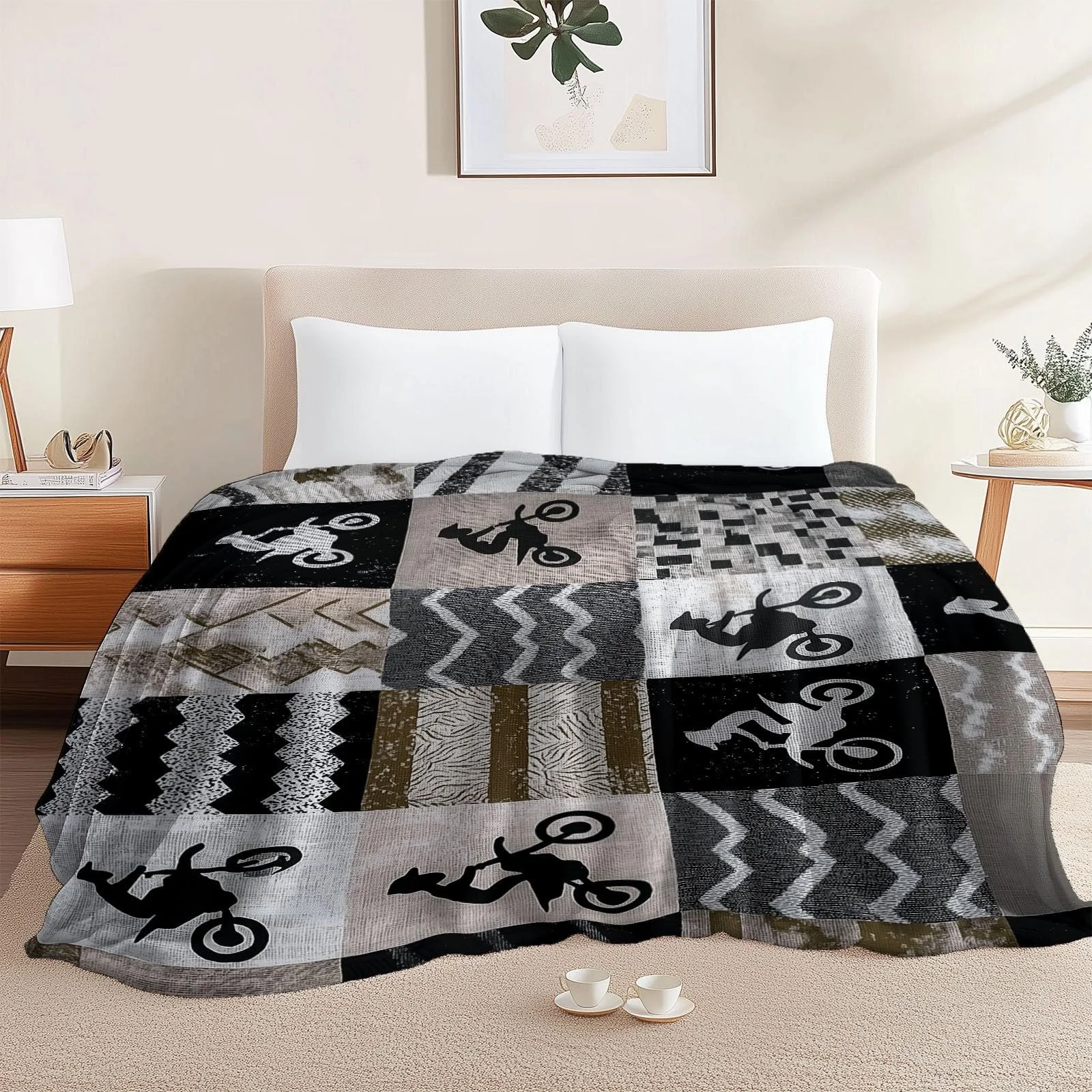 Фланелевое одеяло 180 x 220 см, Нейтральный клетчатый узор Мотоцикл Тема Декоративное одеяло для кровати Кресло Диван - Коричневое Осень и Зима Мягкое Пушистое Плюшевое одеяло, фото №3