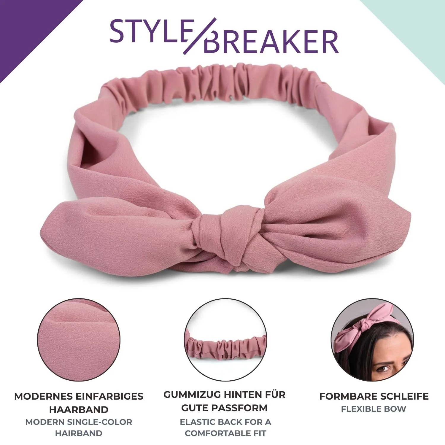 Пов'язка на голову з бантом styleBREAKER однотонна з еластичною стрічкою 04026035, фото №4