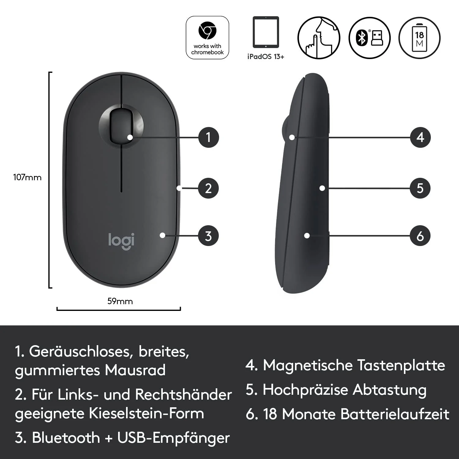 Миша бездротова Logitech Pebble M350, підключення Bluetooth та 2.4 GHz через USB нано-приймач, 3 кнопки, тиха, Graphite / Black, фото №7