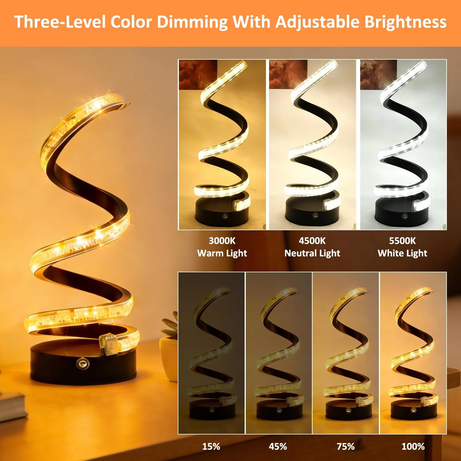 Настільна світлодіодна лампа Spiral 2 шт. USB Dimmable Чорна з блискітками, фото №3