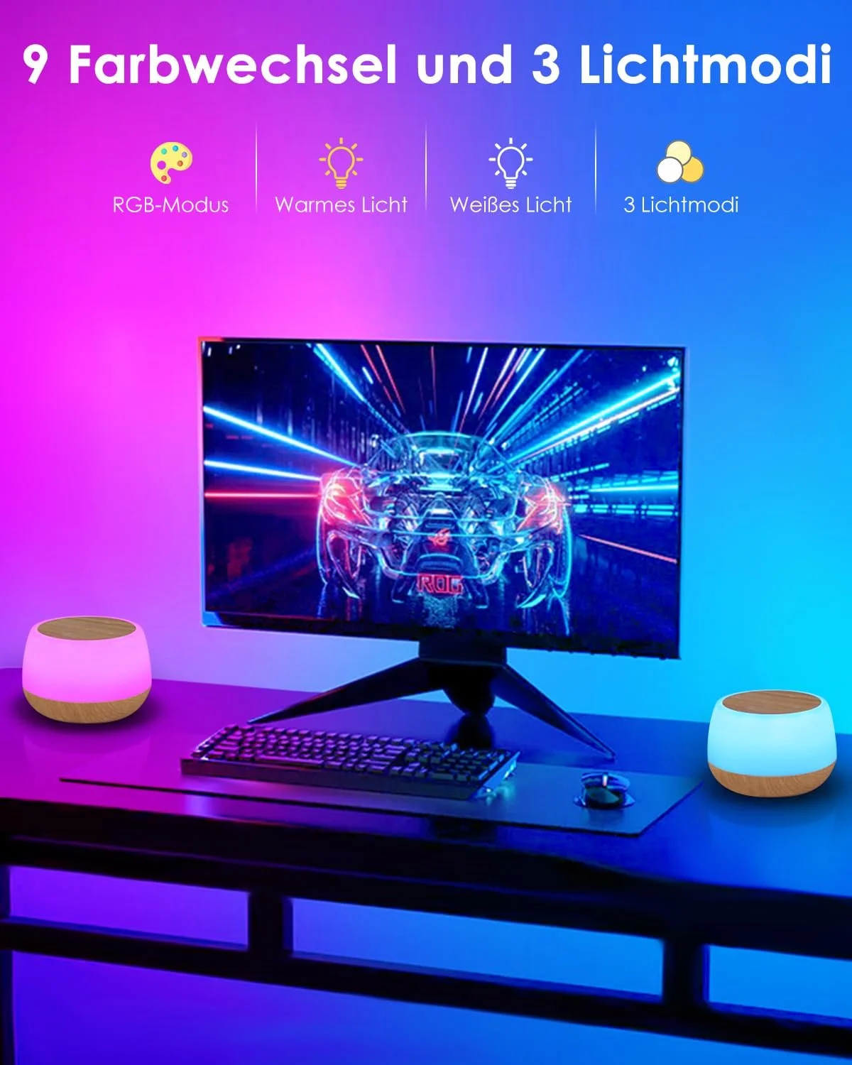 Настільна лампа LED 20 Вт Touch Dimmable 9 кольорів 3 режими Wood Grain, фото №3