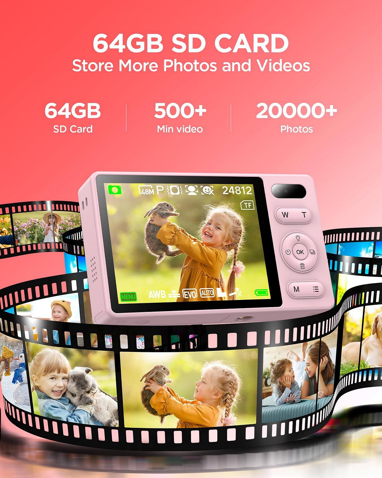 Детская цифровая камера 48MP PEEIPM 64GB Anti-Shake Photo Vlogging Camera 16X Digital Zoom, непрерывная съемка, селфи, компактная камера, фото №6