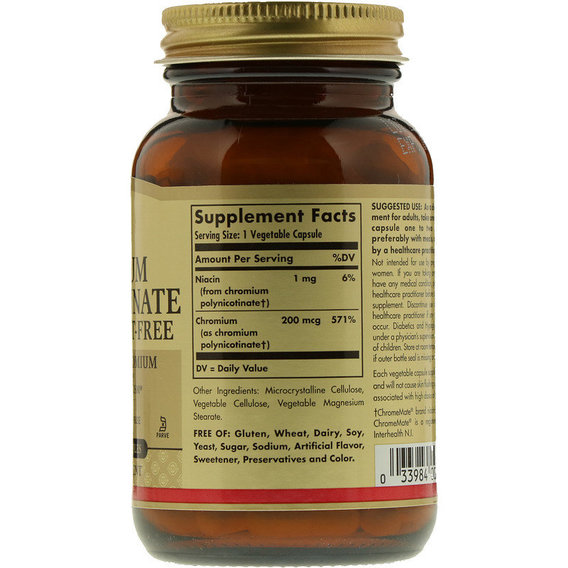 Микроэлемент Хром Solgar Chromium Polynicotinate 200 mcg 100 Veg Caps, фото №2