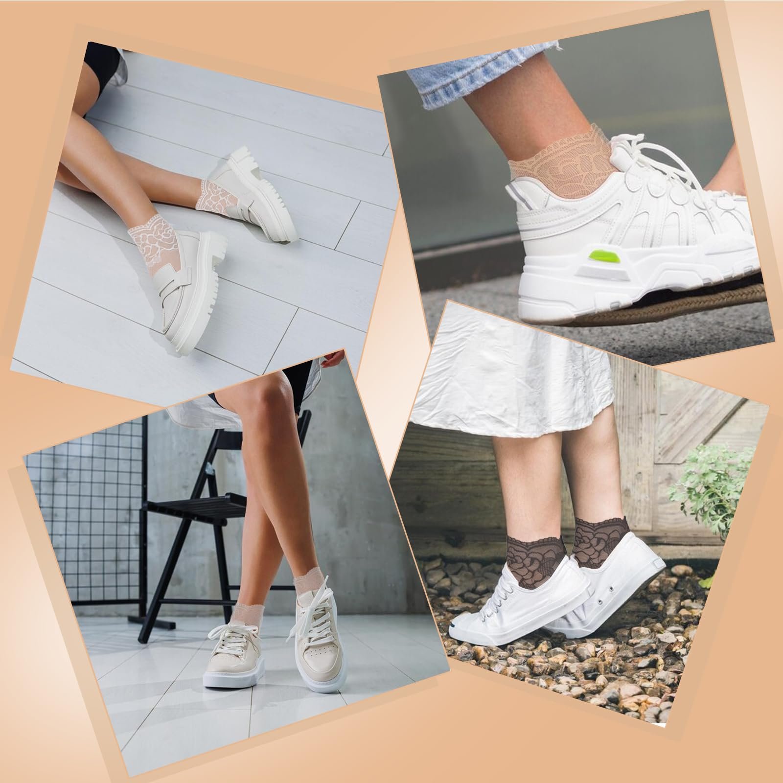 Носки Женские Кружевные Разноцветные Прозрачные Кружевные Носки из Тюля Тонкие Нейлоновые Носки Короткие Носки Сетчатые Летние Носки Белый + Серый + Розовый + Черный + Бежевый, Черный, белый, фото №6