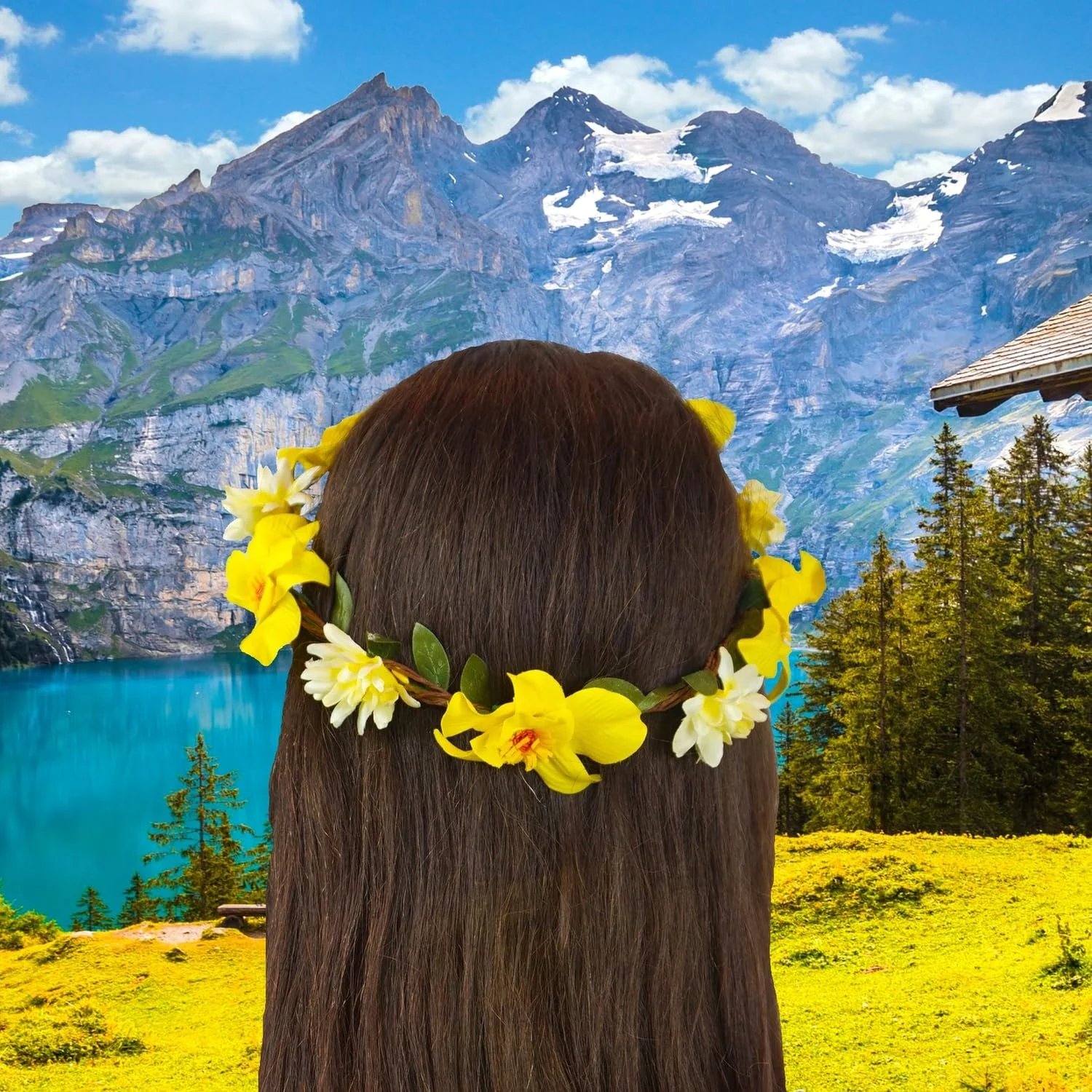 Вінок для волосся Квітка Sienna з жовтими квітами, атласні квіти 7 см Жовтий, фото №5