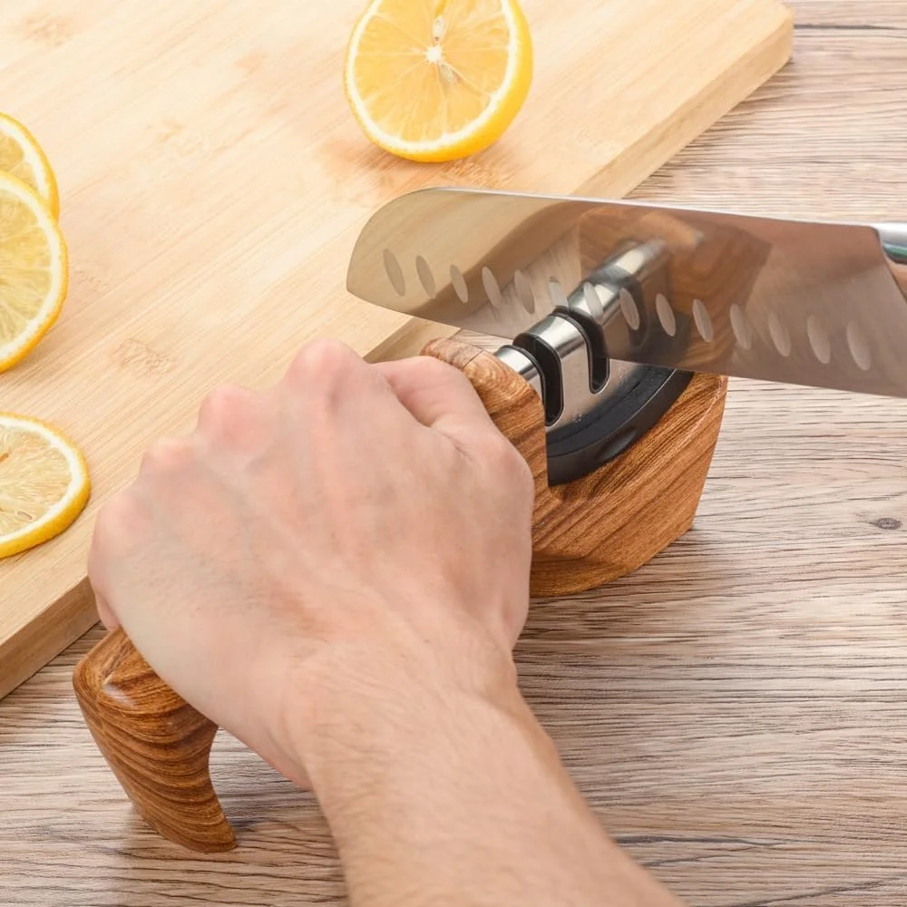 Точилка для ножів ручна 3-ступенева портативна дерев'яна сталь вольфрам, фото №3