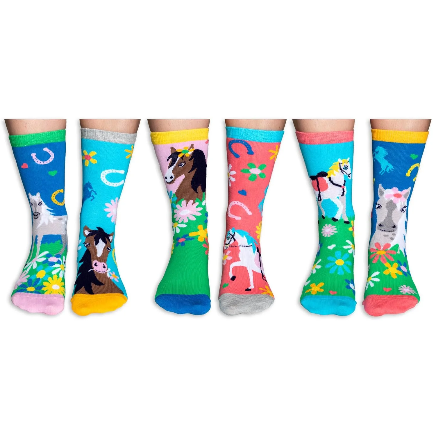 Носки United Oddsocks Giddy Up Набор из 6 разных носков с лошадьми для девочек UK 12-5.5 EUR 30.5-38.5, разноцветные, фото №2