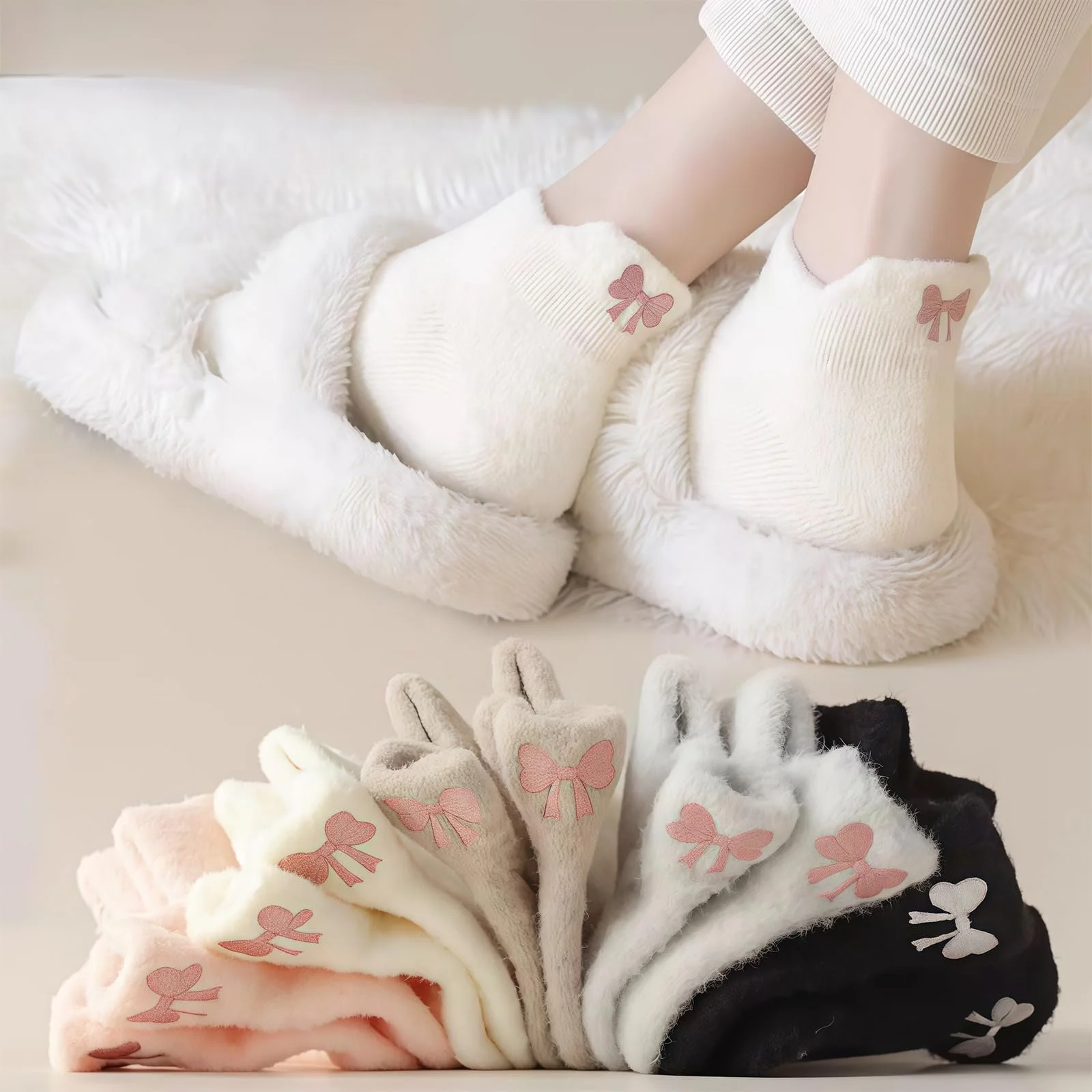 Шкарпетки з бантом для жінок (5 пар) Зимові м'які шкарпетки-капці, фото №6