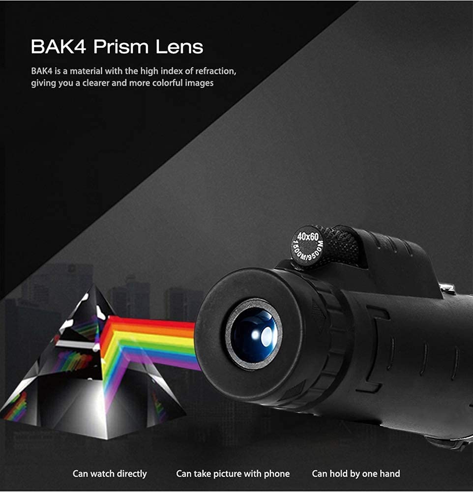 Монокуляр BAK4 HD Vision Prism 40X60 з компасом, тримачем для телефону, штативом для активного відпочинку, фото №7