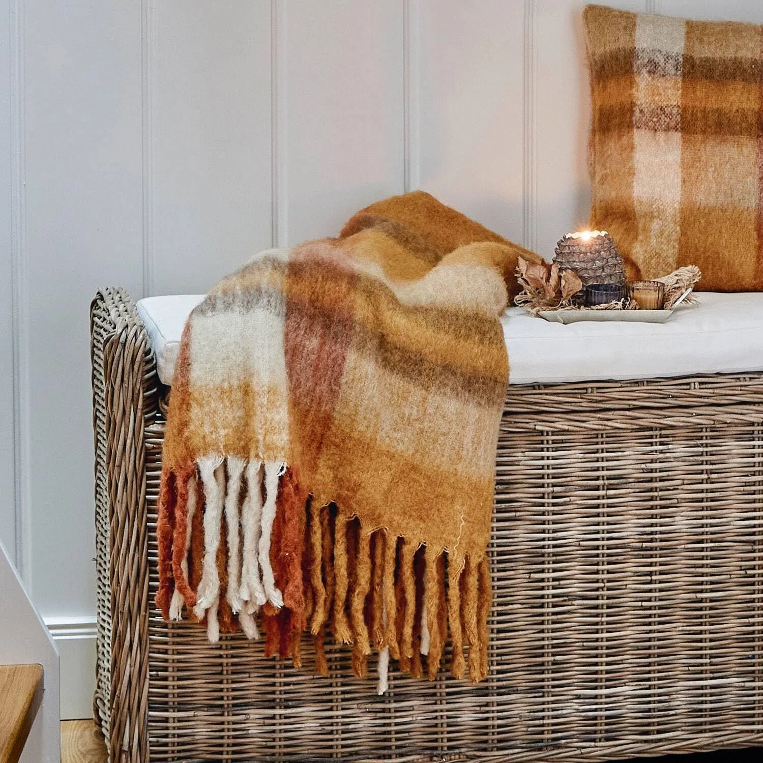 Плед Loberon Alborg Декоративний картатий візерунок з довгою бахромою Тепла гра кольорів Помаранчевий, фото №3