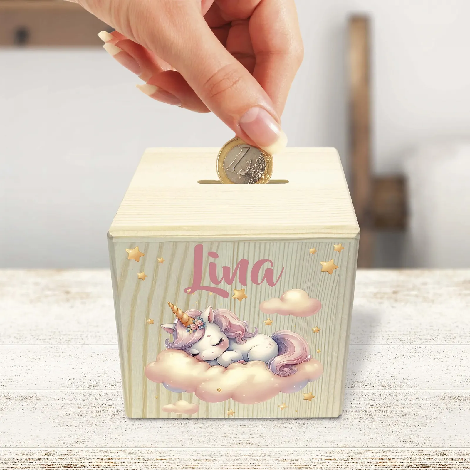 Скарбничка дерев'яна Єдиноріг Хмаринка з замком та ключем, фото №2