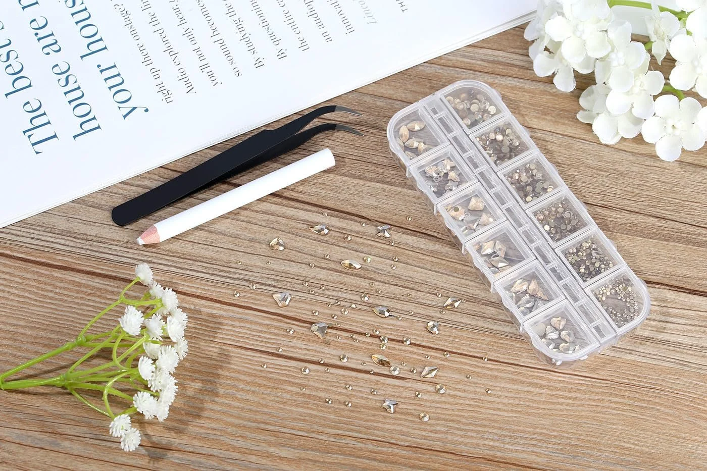 Стразы для ногтей Шампань 12 размеров, Блестящие камни для ногтей, Стразы плоской формы, Дизайн ногтей со стразами, Включая восковый карандаш для страз и пинцеты для страз, 1500 штук в упаковке, фото №4