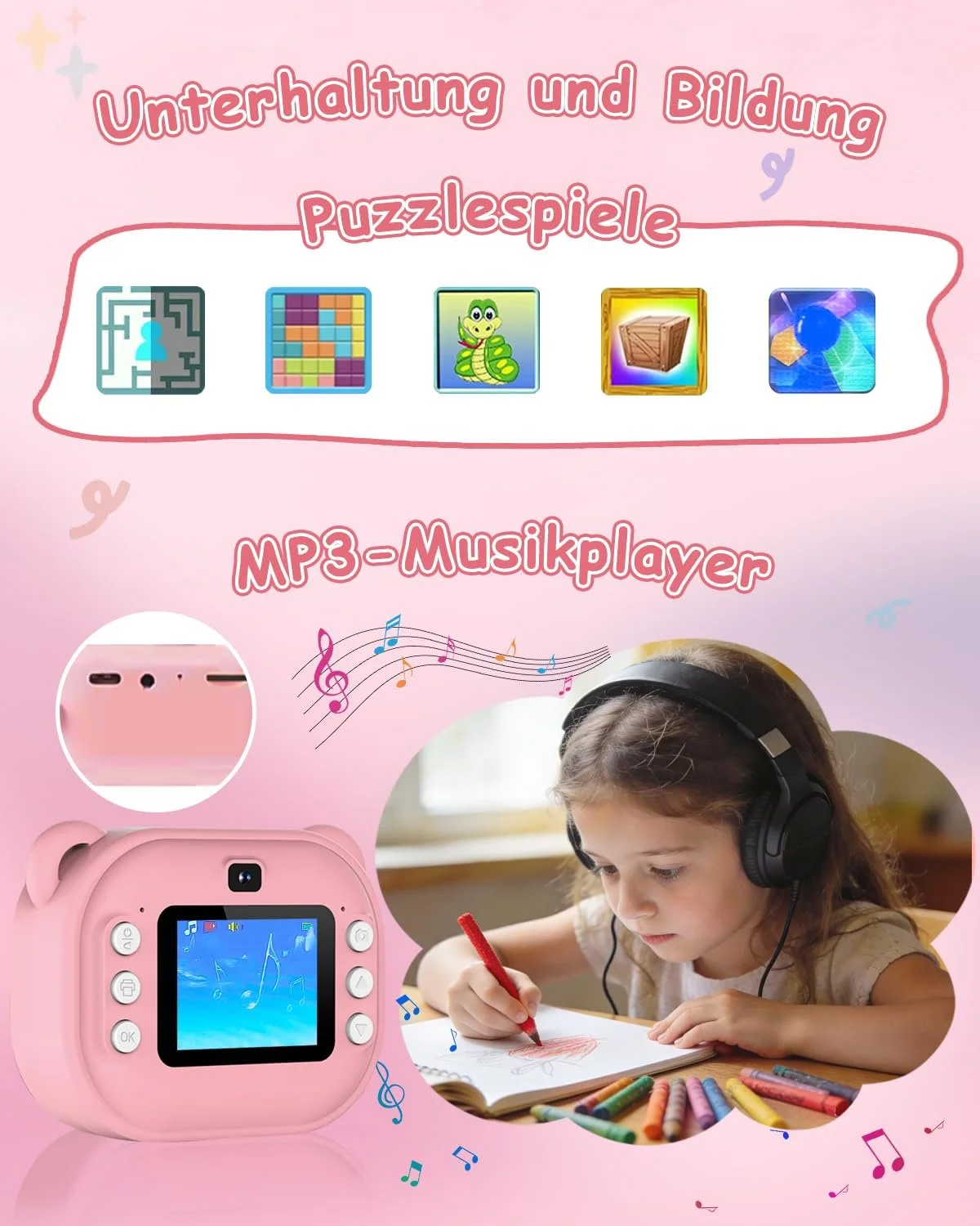 Детская цифровая фотокамера мгновенной печати 1080P Dual Lens 2-дюймовый экран с картой 32GB и бумагой для печати Розовая, фото №6