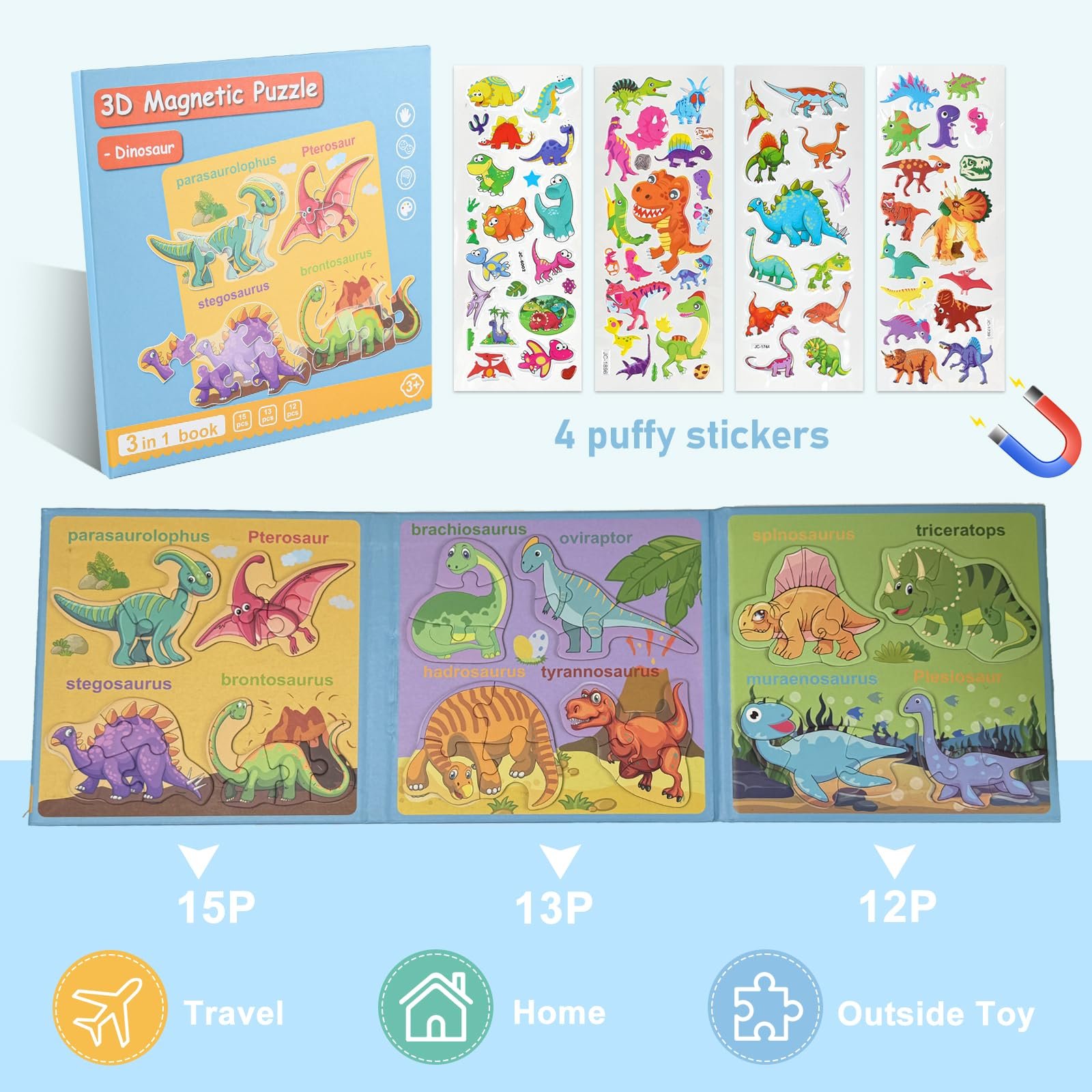 Магнітний пазл ASTARON Dinosaur Puzzle with 80 Puffy Stickers 40 деталей, фото №2