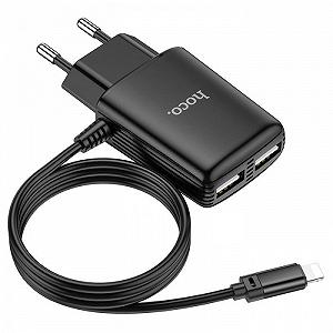 Зарядное устройство HOCO C82A Real power два USB порта Lightning со встроенным кабелем Чёрный Зарядное устройство HOCO C82A Real power два USB порта Lightning со встроенным кабелем Чёрный
