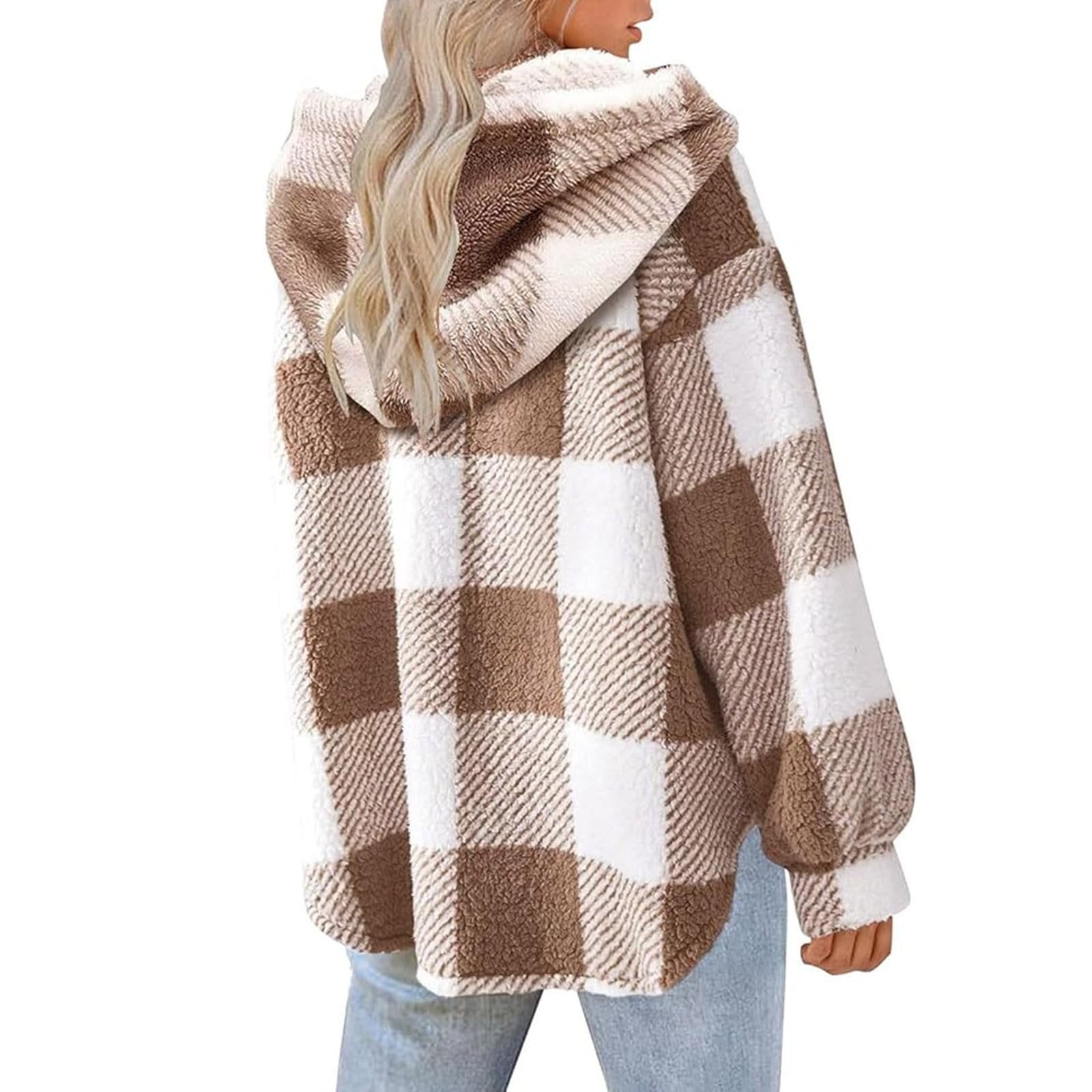 Жіноча куртка Teddy Флісова в клітинку з капюшоном, зимова плюшева куртка, фото №4