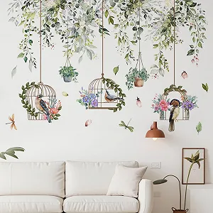 Наклейка на стіну Зелені пагони з птахами та квітами 90x30 см 2 шт. - Фото 1