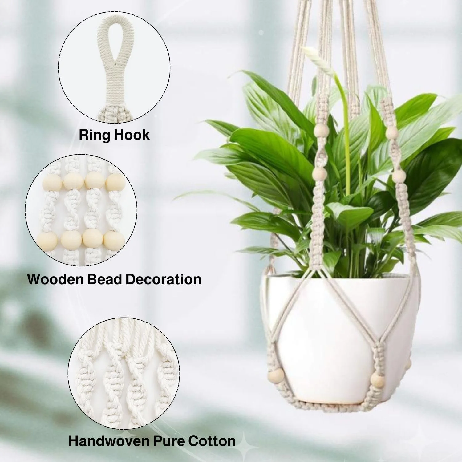 Підвісне кашпо Macrame 90 см бавовняне мотузяне Бежеве, фото №3 Підвісне кашпо Macrame 90 см бавовняне мотузяне Бежеве, фото №3