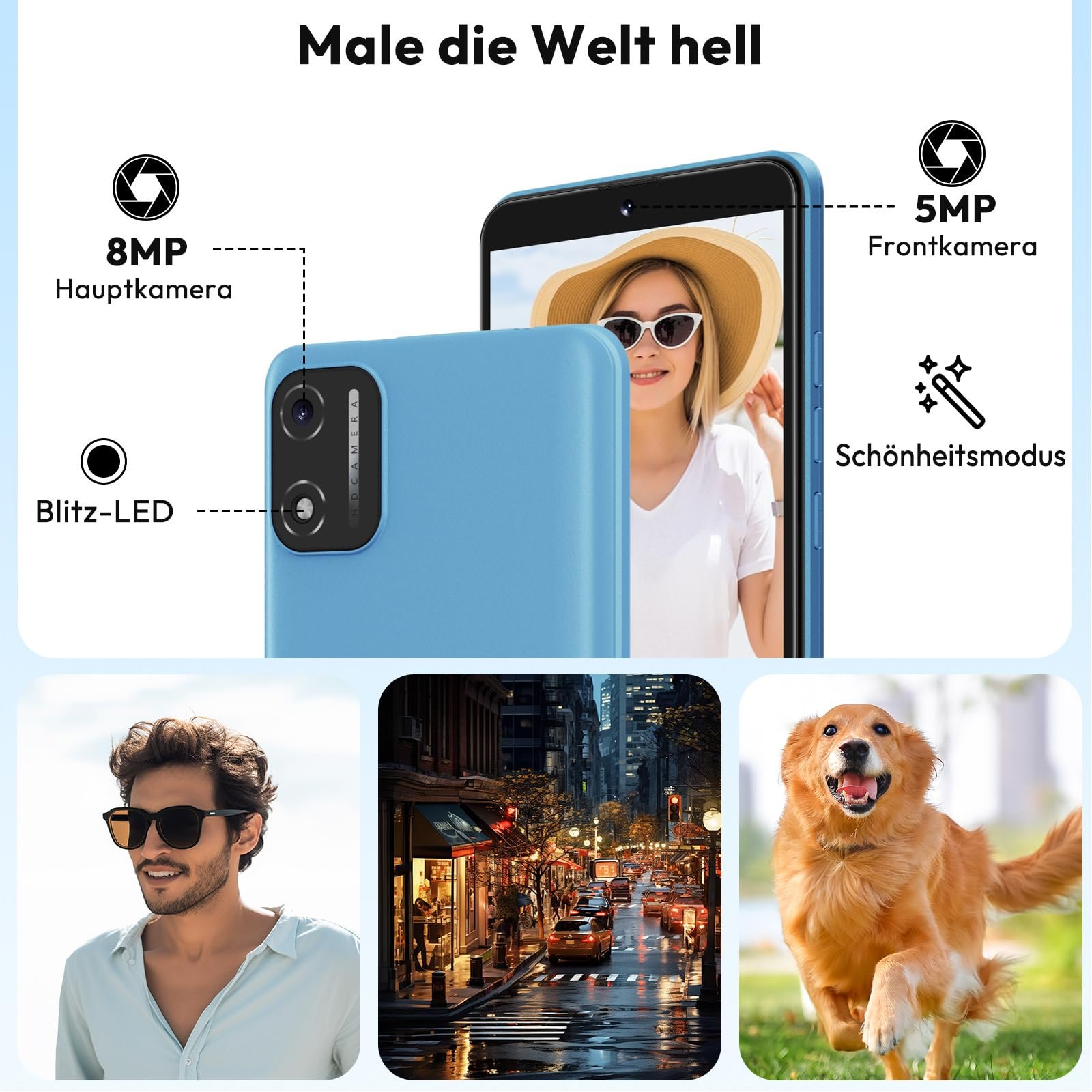 Смартфон XGODY X32 5,5" 2GB + 16GB Octa-Core Android 14 Go 4G Dual SIM 8MP + 5MP 2850 мАч Face ID GPS Синий, фото №6