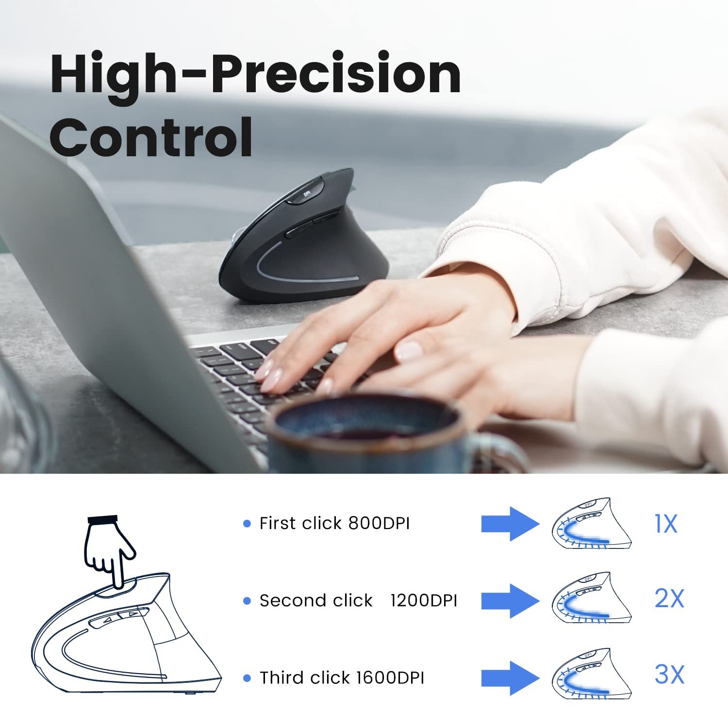Миша Perixx PERIMICE-813B Вертикальна Bluetooth Бездротова 3-в-1 Multi-Device Чорний, фото №5