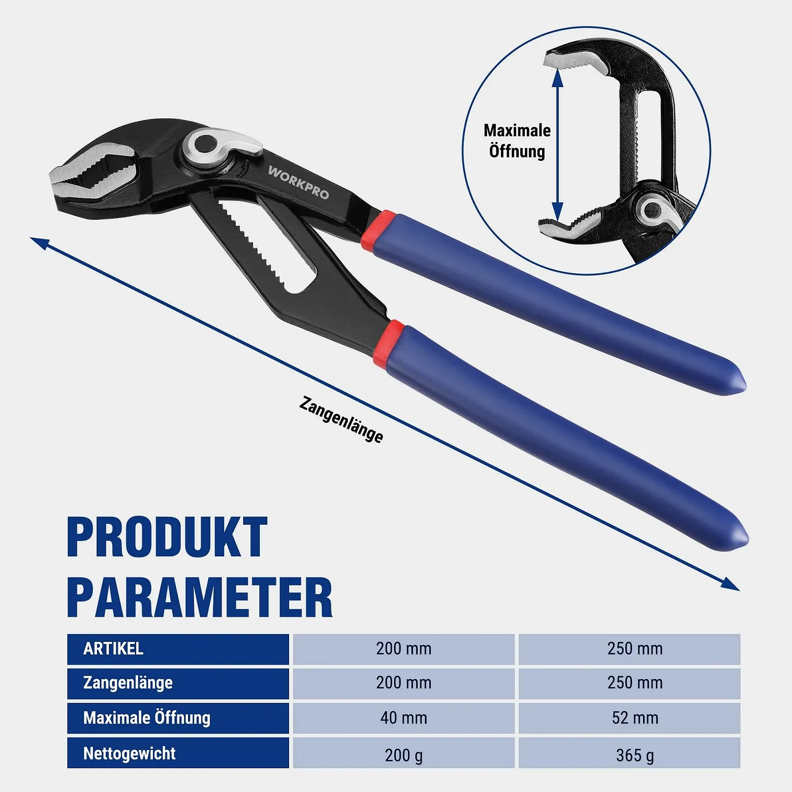 Клещи для водяного насоса WORKPRO, 200 мм (8") и 250 мм (10"), с регулируемыми ручками, набор клещей со скользящим соединением, 2 шт., фото №6 Клещи для водяного насоса WORKPRO, 200 мм (8") и 250 мм (10"), с регулируемыми ручками, набор клещей со скользящим соединением, 2 шт., фото №6