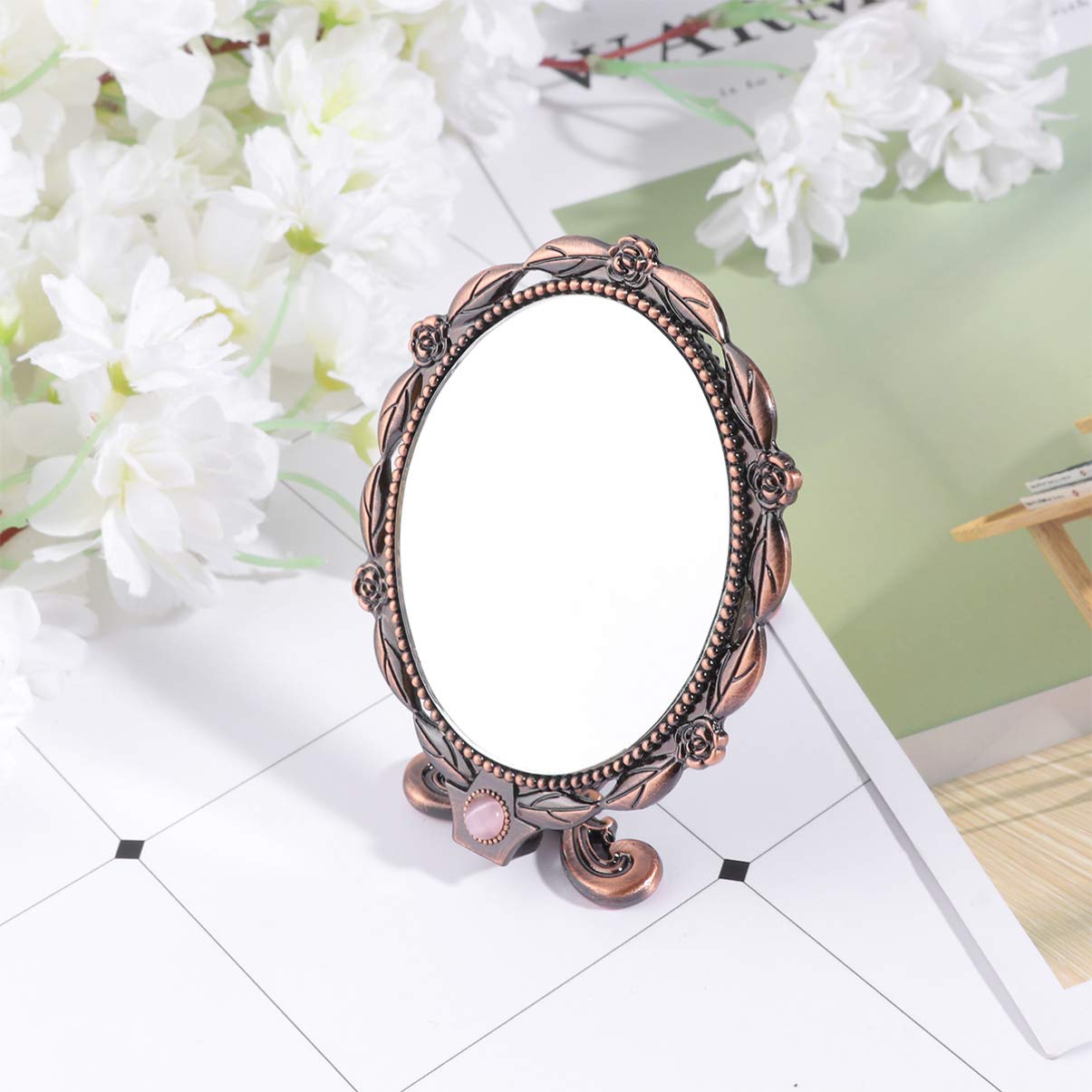 Дзеркало Minkissy Vintage Hand Foldable Hand Makeup Mirror Oval Metal Table Для подорожей дім офіс (Червона бронза), фото №3