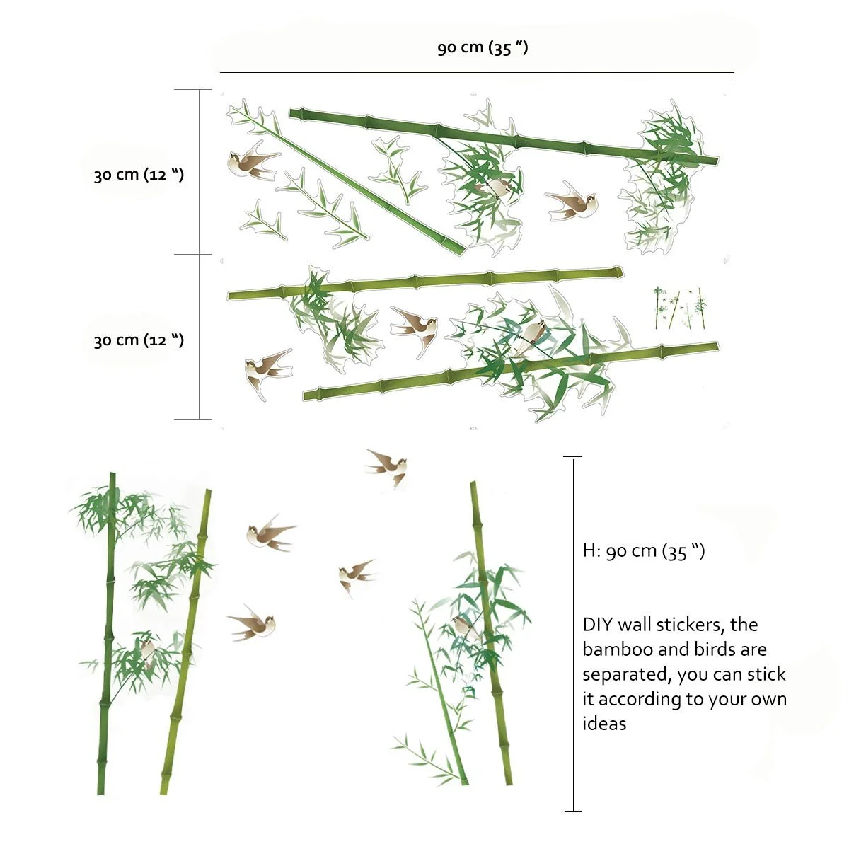 Наклейка на стіну Runtoo Бамбук Рослини Птахи Зелена, фото №3