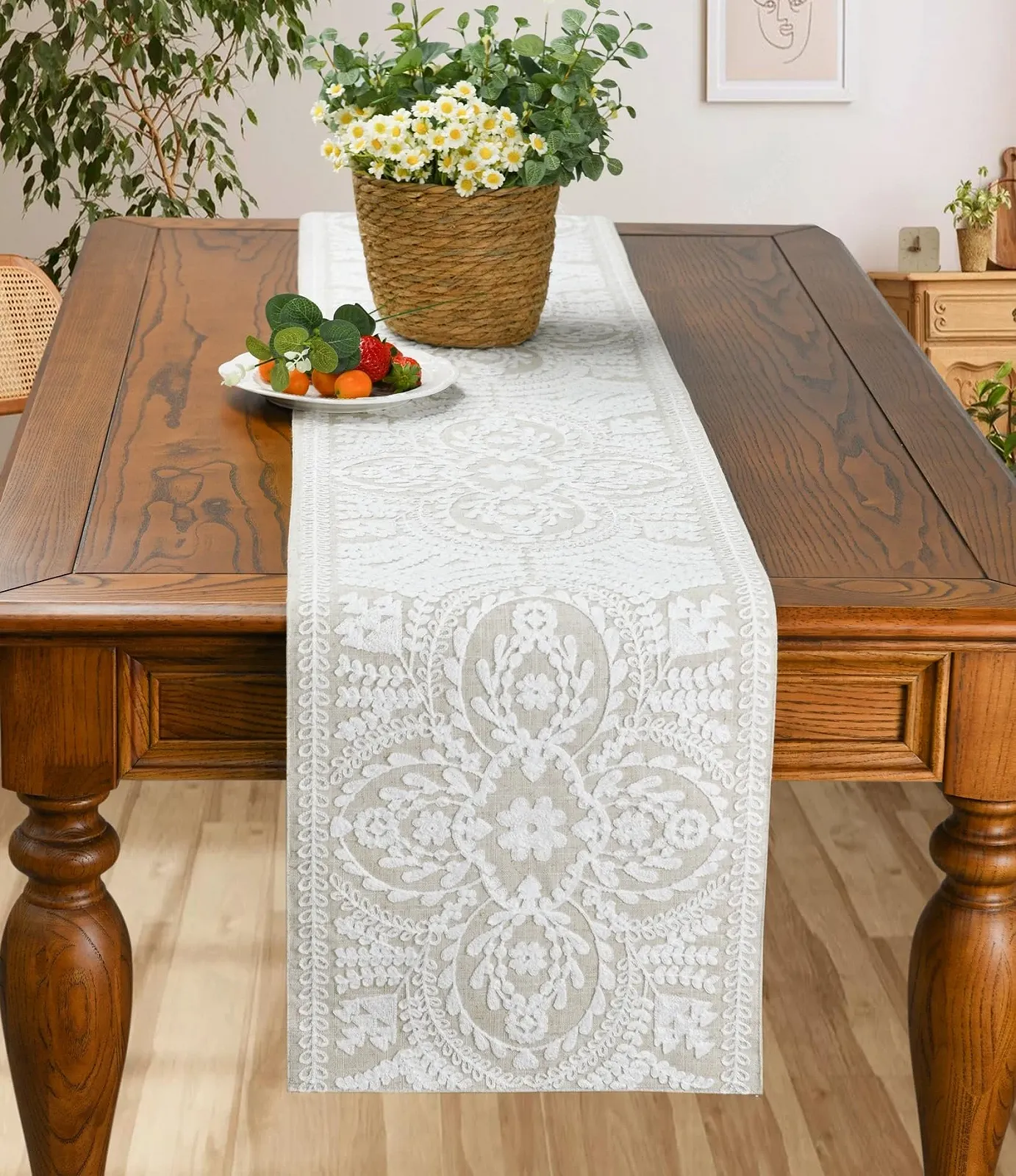 Ранер на стіл KEVA Boho Farmhouse Linen Rustic Vintage Embroidered Білий 13 x 72 дюйми, фото №4 Ранер на стіл KEVA Boho Farmhouse Linen Rustic Vintage Embroidered Білий 13 x 72 дюйми, фото №4