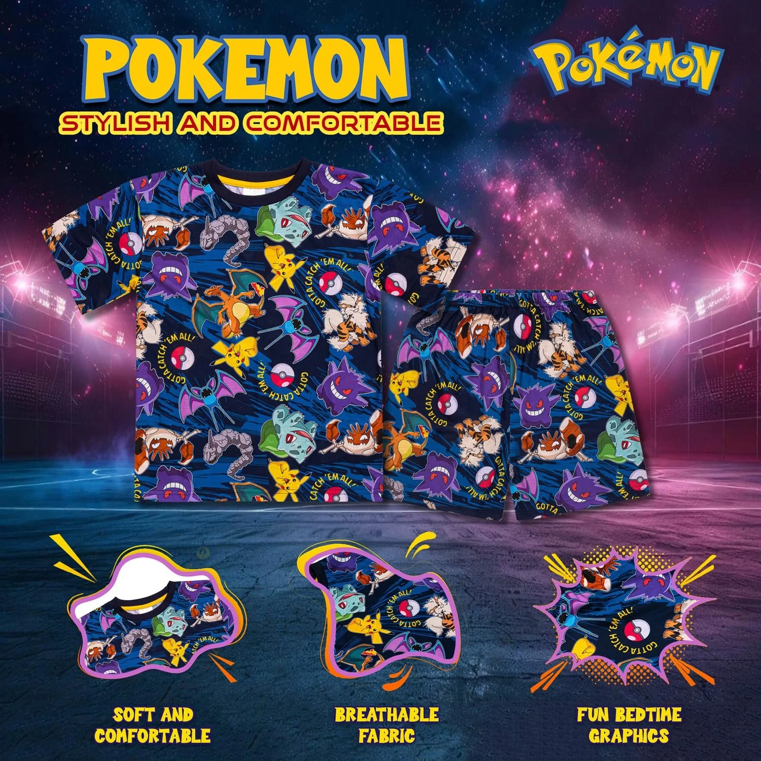 Комплект детской пижамы с шортами Pok00e9mon, синий, с принтом, фото №4
