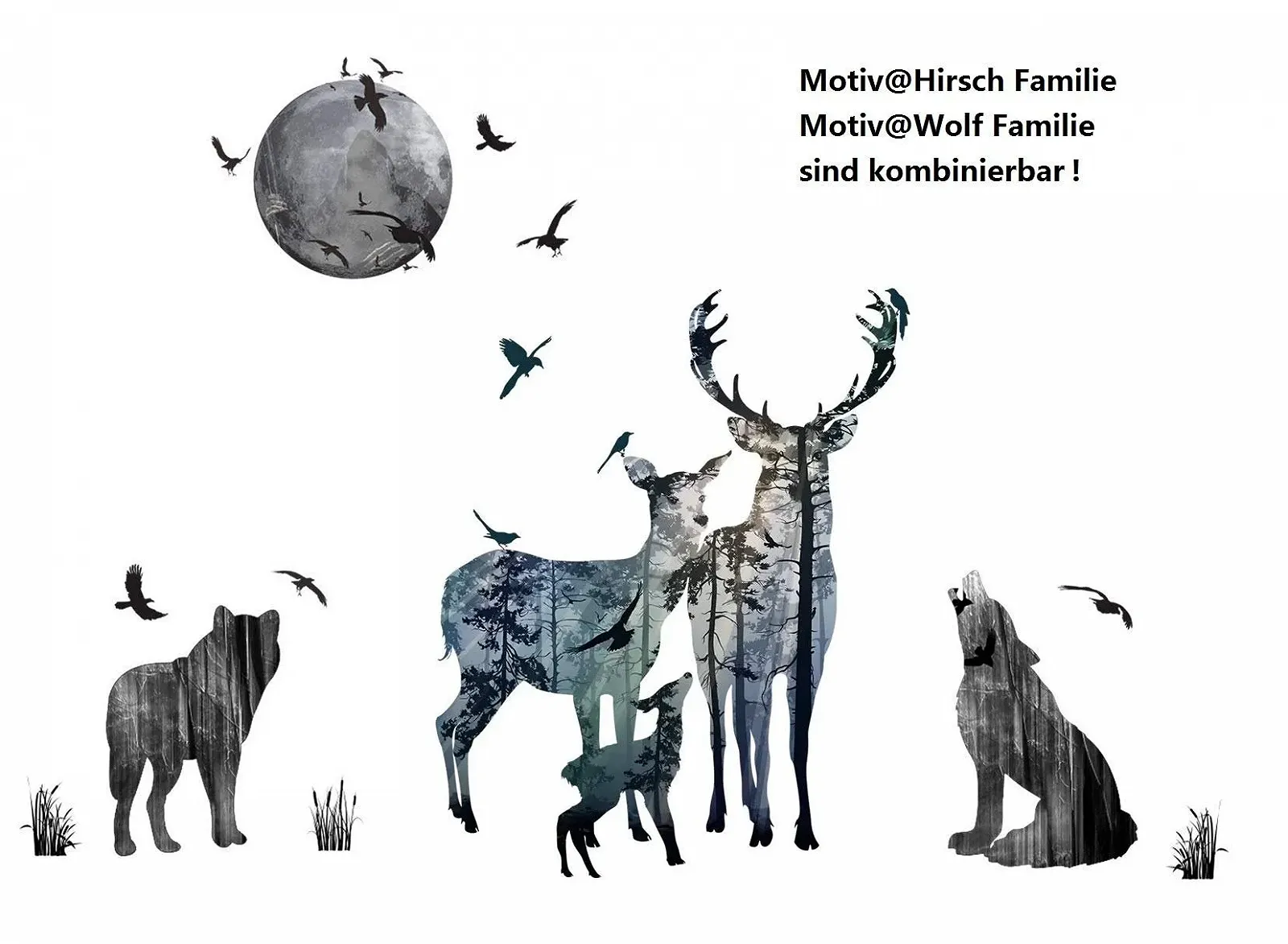 Наліпка WandSticker4U Deer, Wolf, Moon and Bird Велика, фото №8 Наліпка WandSticker4U Deer, Wolf, Moon and Bird Велика, фото №8