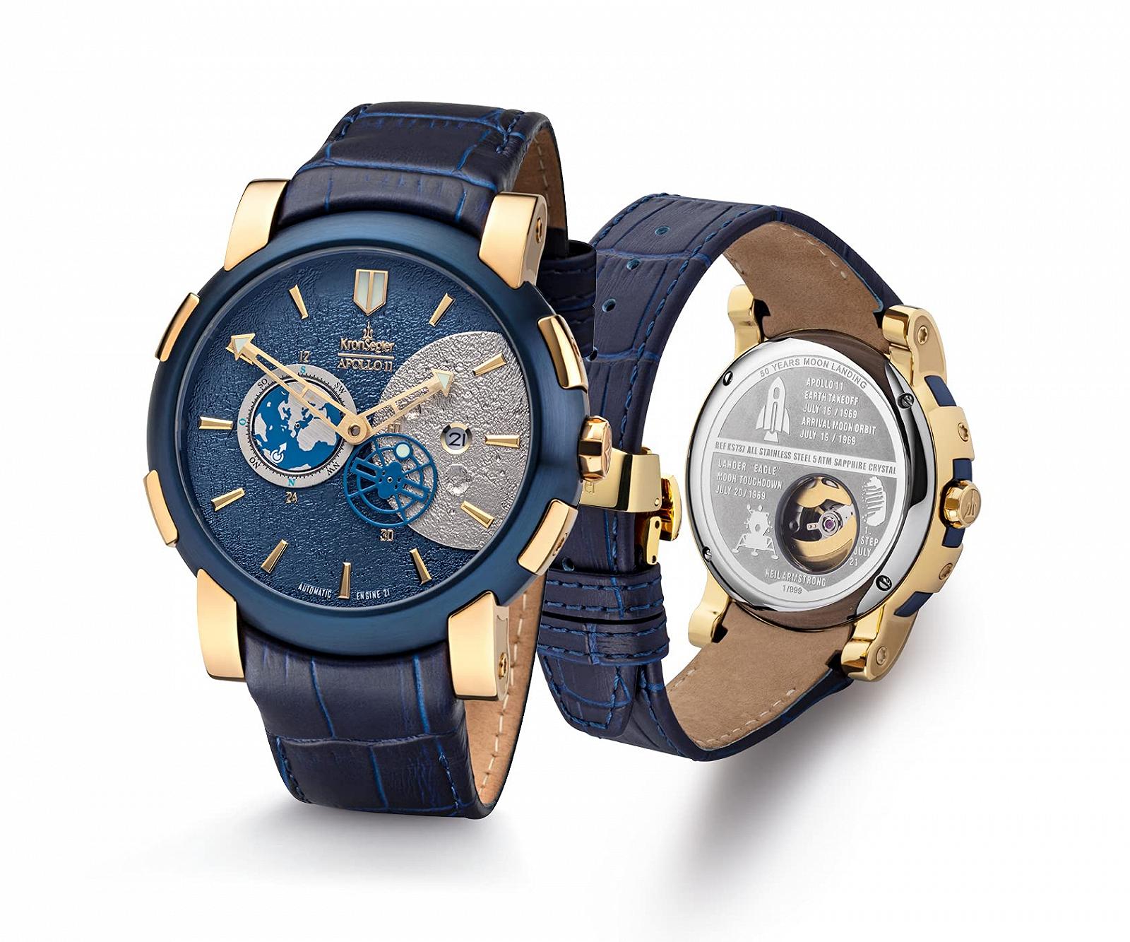 Мужские часы Kronsegler Apollo 11 Автоматические С Кожаным Ремешком Золотой Синий Лимитированная серия, фото №1