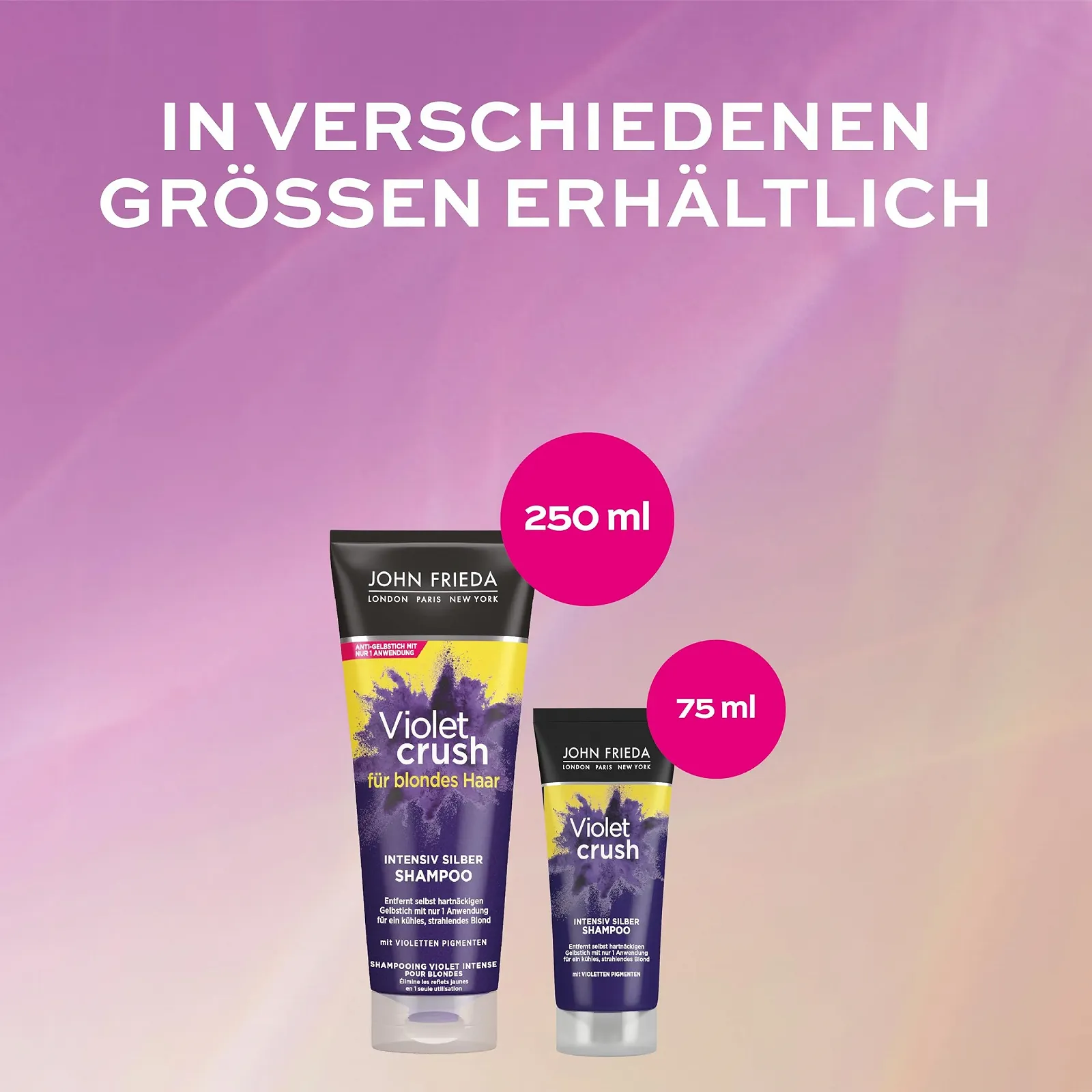Шампунь John Frieda Violet Crush Intensive Silver для нейтрализации желтых и оранжевых оттенков с фиолетовыми пигментами 250 мл, фото №6 Шампунь John Frieda Violet Crush Intensive Silver для нейтрализации желтых и оранжевых оттенков с фиолетовыми пигментами 250 мл, фото №6
