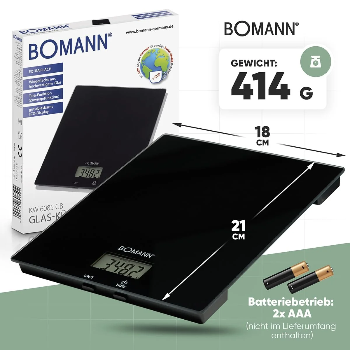 Цифрові кухонні ваги Bomann KW 6085 CB 5 kg 1 g скло Black, фото №7 Цифрові кухонні ваги Bomann KW 6085 CB 5 kg 1 g скло Black, фото №7