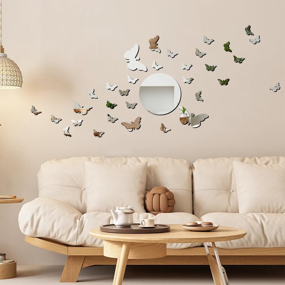 Зеркальные наклейки на стену 3D Butterfly 37 штук Серебристые, фото №5