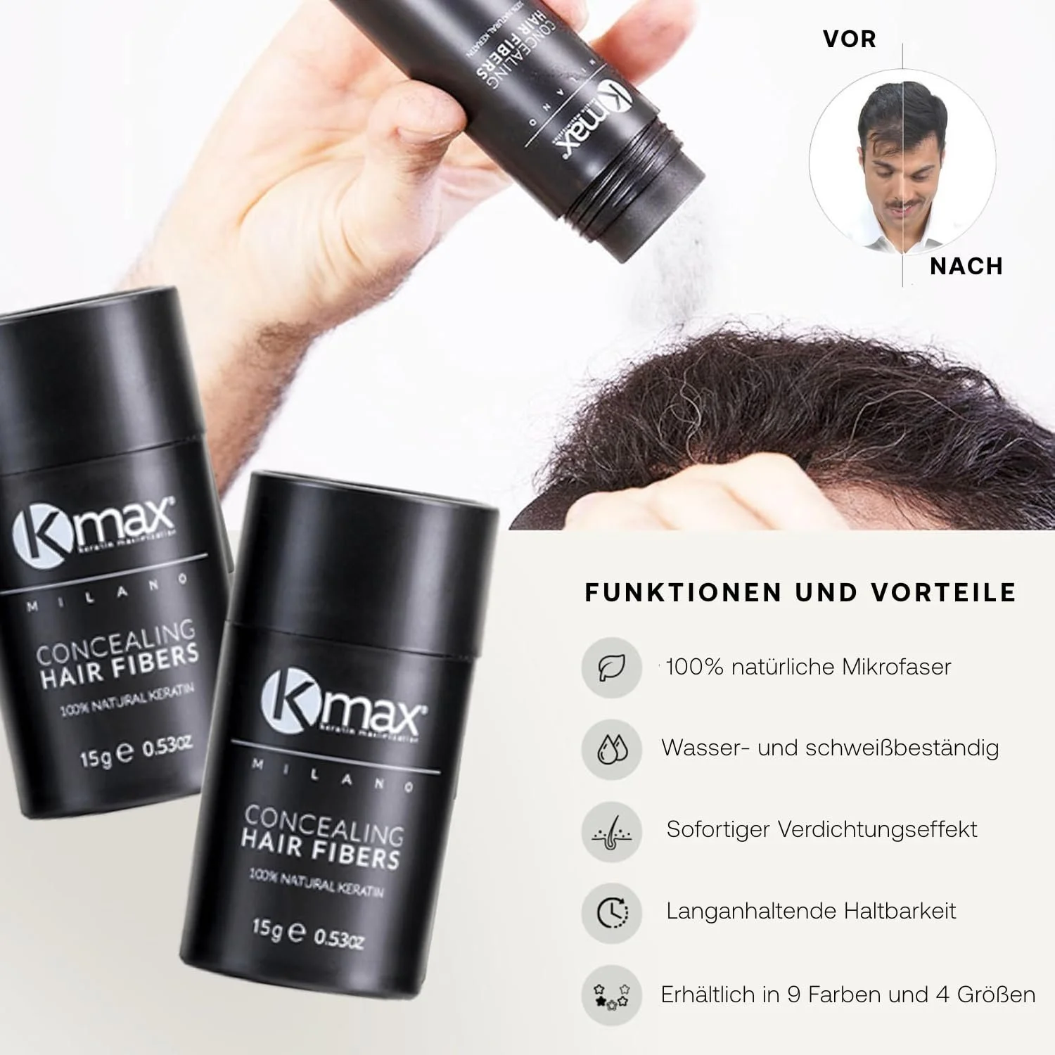 Пудра для волосся Kmax Keratin 15 г, для об'єму волосся з миттєвим загущенням, пудра для коренів, щоб приховати лисини - Чорний, фото №4