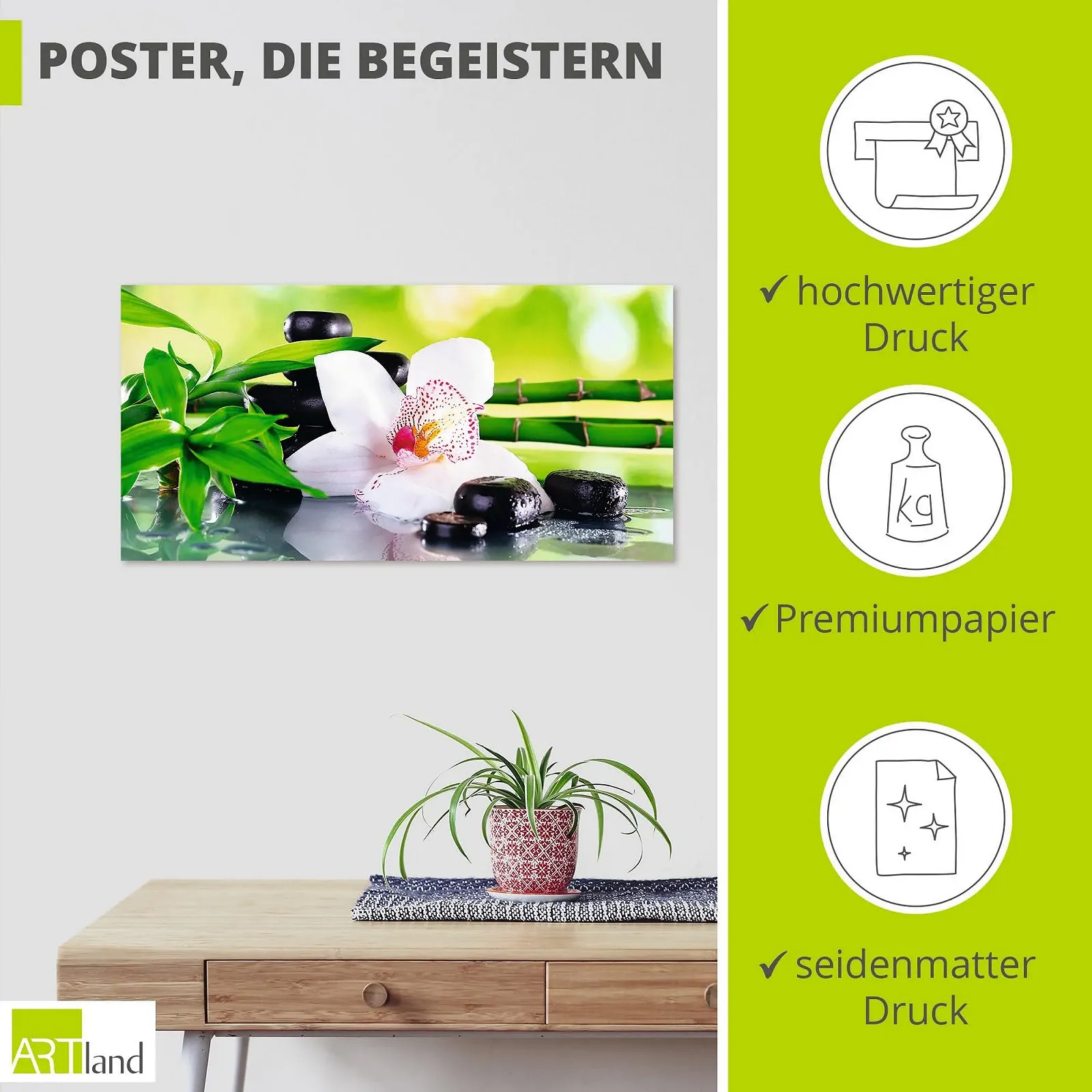 Постер ARTLAND T9IQ Wellness Zen Plant Photography Green Spa Stones Bamboo Branches Orchid 100 x 50 см, фото №2 Постер ARTLAND T9IQ Wellness Zen Plant Photography Green Spa Stones Bamboo Branches Orchid 100 x 50 см, фото №2