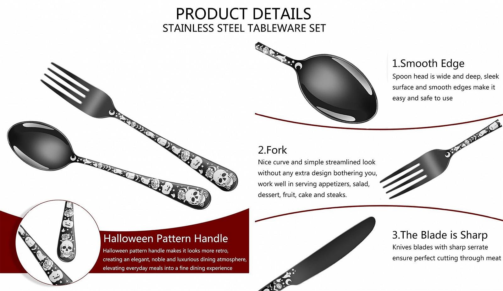 Набор столовых приборов XIAOYU Хэллоуин Череп, Черный, фото №2 Набор столовых приборов XIAOYU Хэллоуин Череп, Черный, фото №2