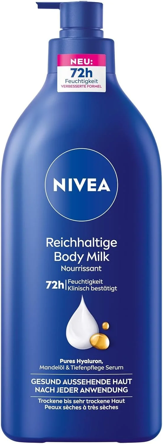 Молочко для тела NIVEA Rich, интенсивно питательный крем для тела с чистой гиалуроновой кислотой, миндальным маслом и сывороткой Deep Care, 625 мл, фото №1