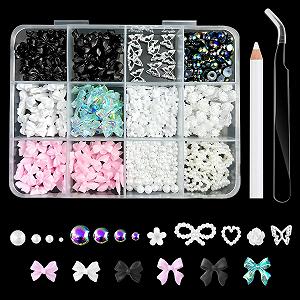 Подвески для ногтей 500 шт, Ассорти Подвесок для ногтей в форме бантиков, Самоцветы для ногтей в форме бантиков, Бисер, Стразы для ногтей в форме сердца, Подвески в форме звезд для ногтей с инструментом для подбора для аксессуаров для DIY ногтей - Фото 1