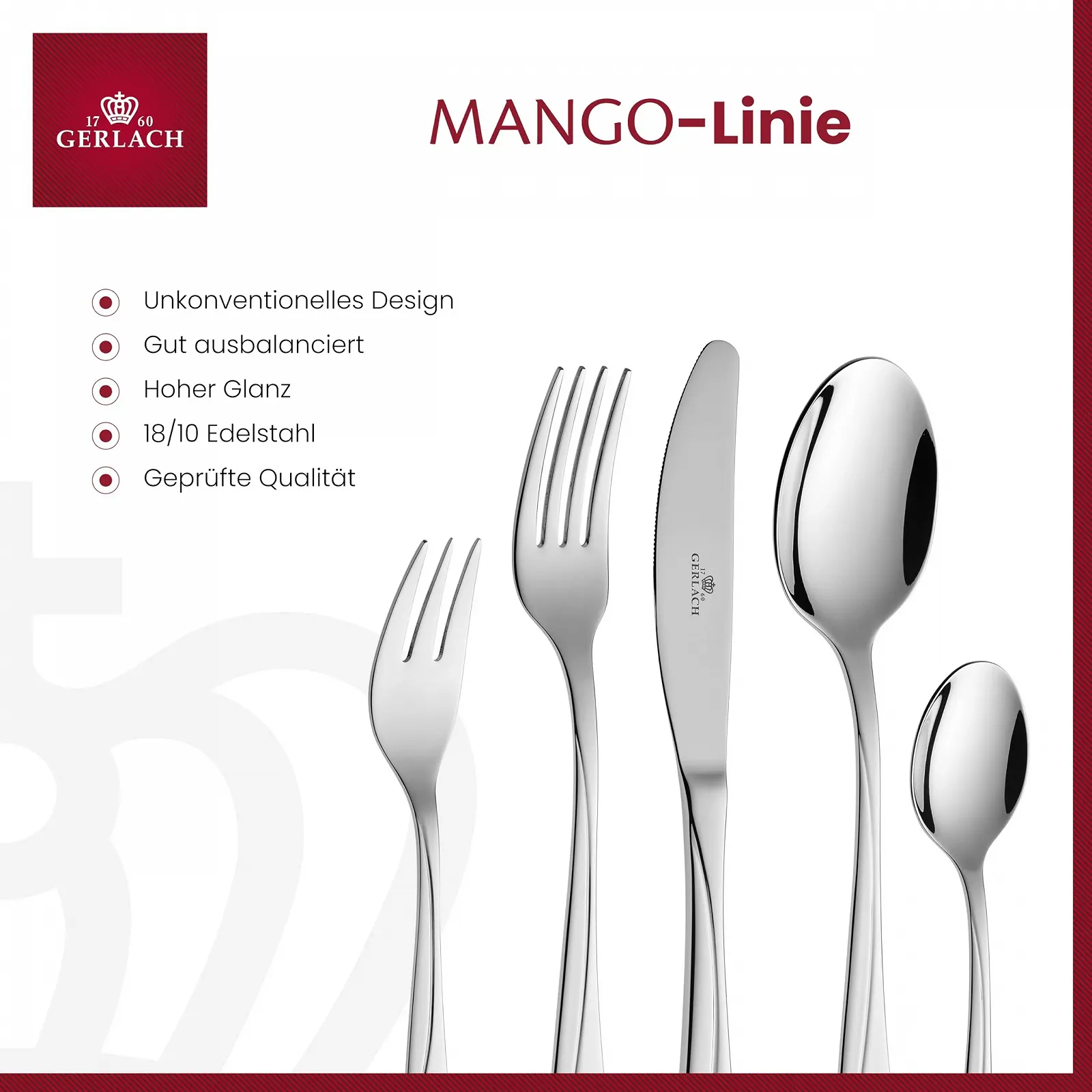 Набір столових приборів Gerlach 1760, нержавіюча сталь, 6 персон, 30 предметів, ніж, виделка, ложка, блискучий, фото №2 Набір столових приборів Gerlach 1760, нержавіюча сталь, 6 персон, 30 предметів, ніж, виделка, ложка, блискучий, фото №2