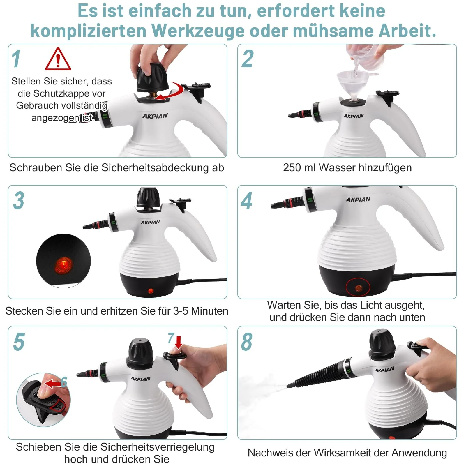 Пароочисник AKPIAN 1050Вт 350мл ручний з набором аксесуарів 10 шт., фото №6 Пароочисник AKPIAN 1050Вт 350мл ручний з набором аксесуарів 10 шт., фото №6