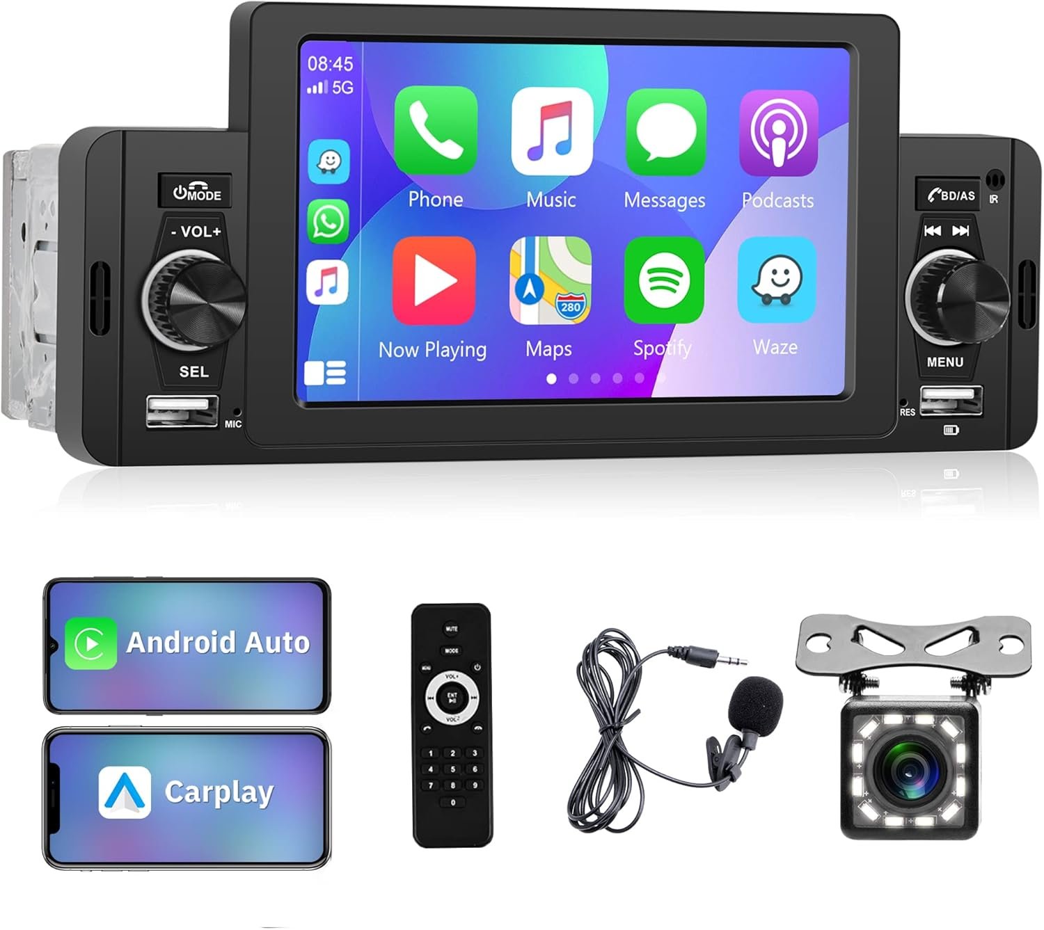 Автомагнитола Rimoody 160C / 5" / Сенсорная / Apple CarPlay / Android Auto / Bluetooth / USB / AUX / TF / 1DIN, фото №1