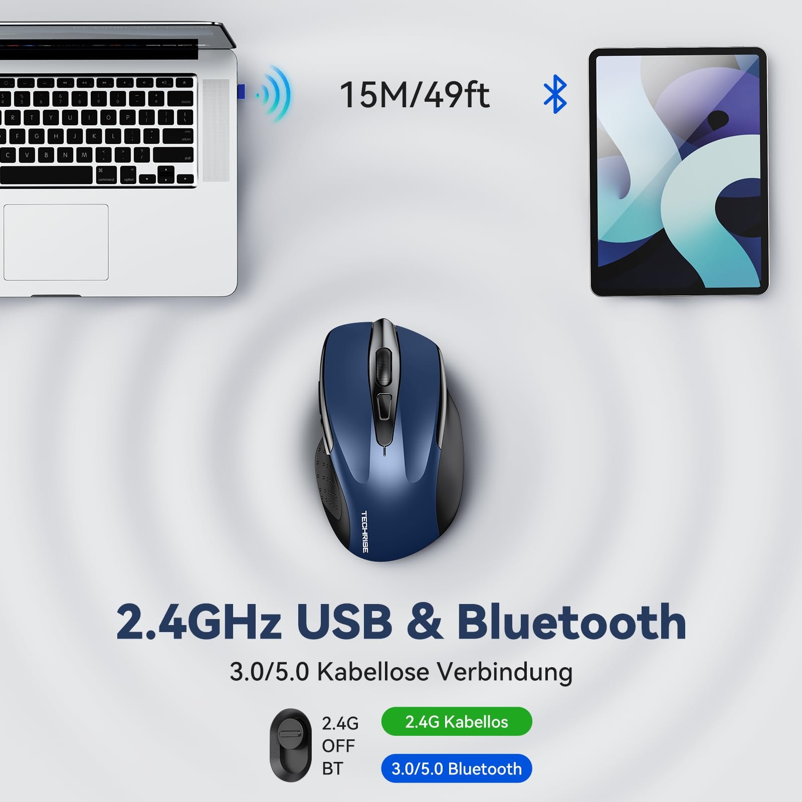 Мышь TechRise Bluetooth, 2.4G Беспроводная (BT 5.0/3.0 + 2.4G) 4800 DPI Перезаряжаемая Эргономичная с USB-A Приемником, 6 Уровней DPI Тихая Беспроводная для Ноутбуков, Компьютеров, ПК, Windows, фото №2
