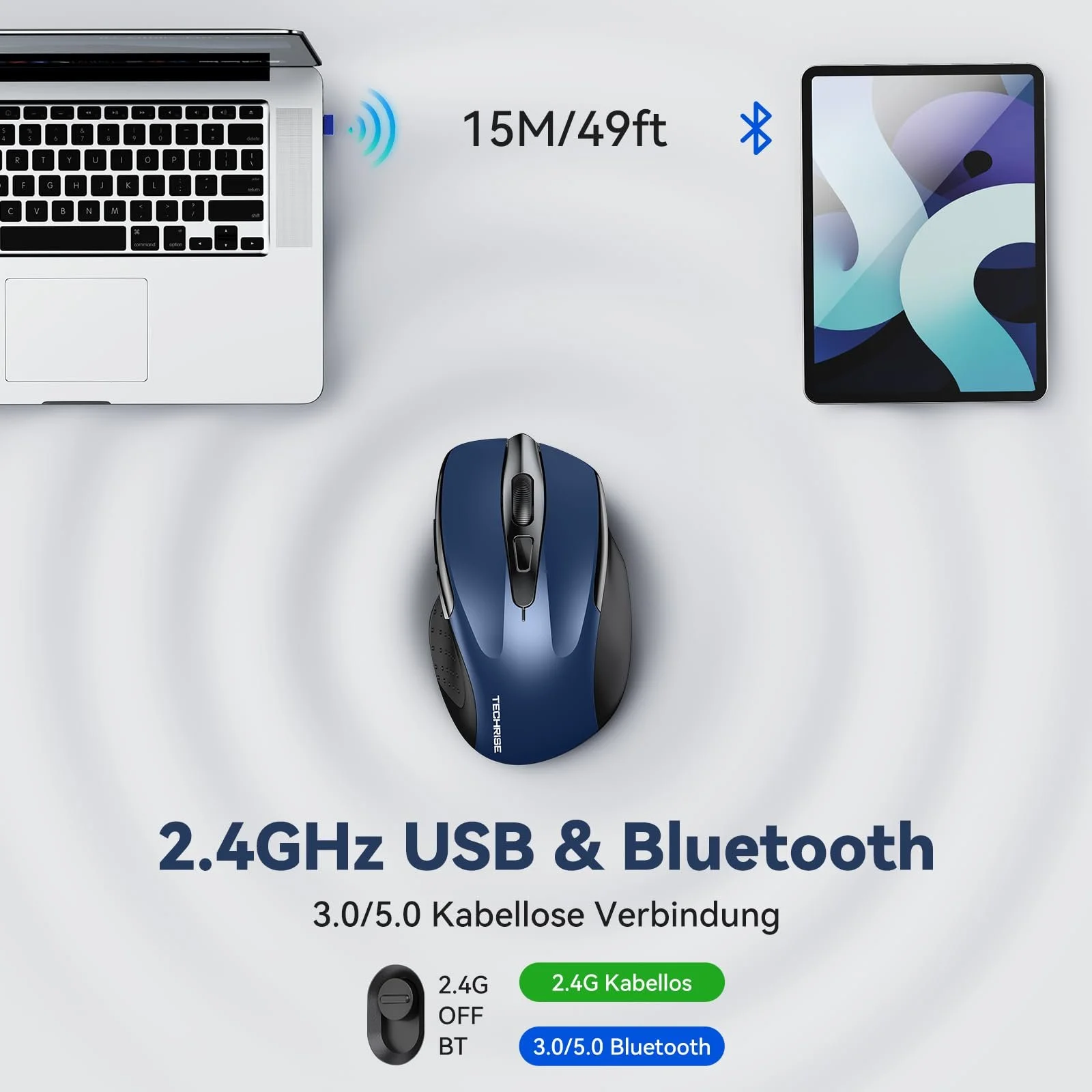 Мышь TechRise Bluetooth, 2.4G Беспроводная (BT 5.0/3.0 + 2.4G) 4800 DPI Перезаряжаемая Эргономичная с USB-A Приемником, 6 Уровней DPI Тихая Беспроводная для Ноутбуков, Компьютеров, ПК, Windows, фото №2