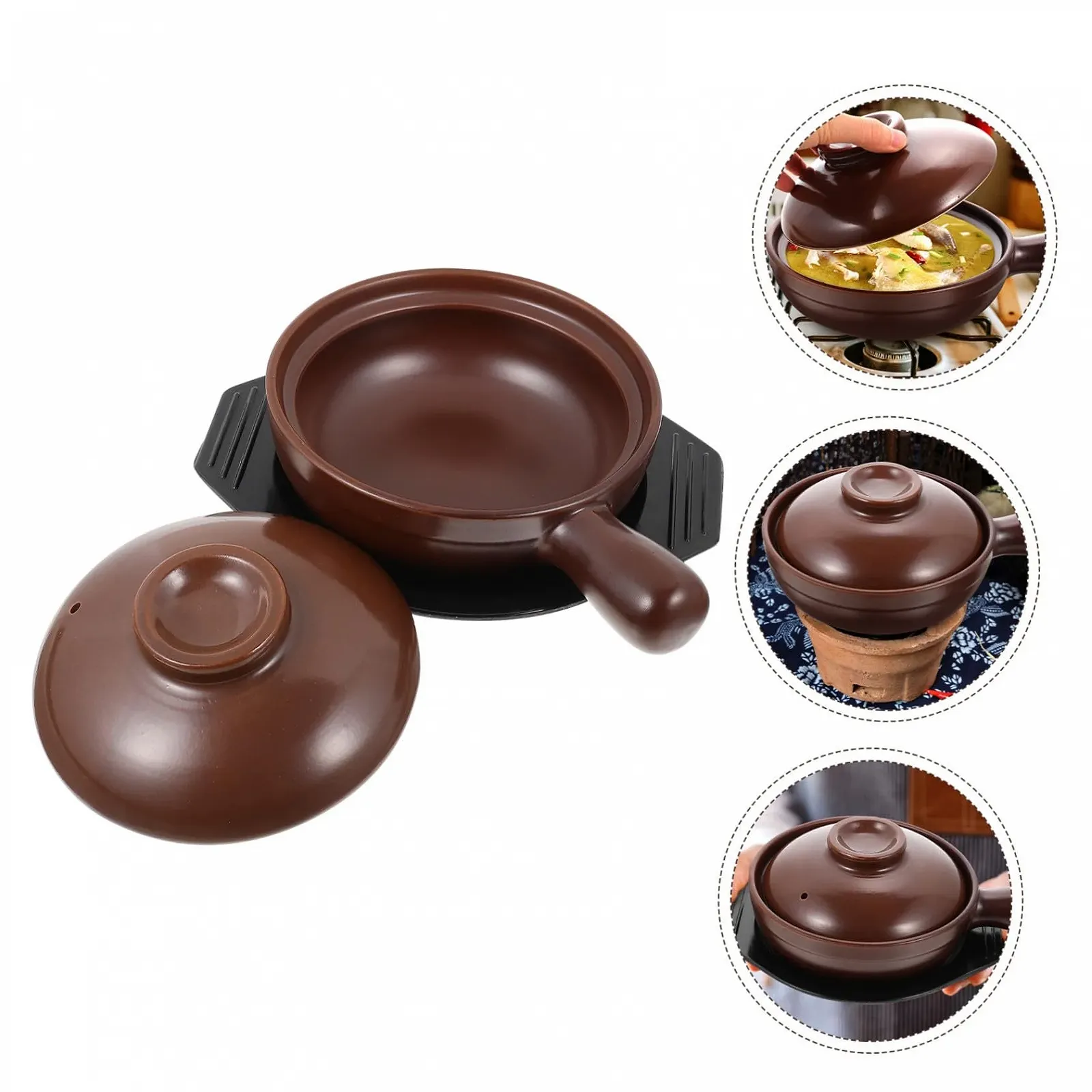 Ківш керамічний жаростійкий з нековзними ручками та підносом для дому та ресторану, фото №4