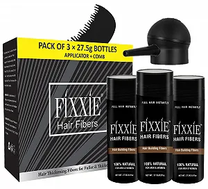 Волокна для волос FIXXIE с аппликатором и расческой, 82.5 г, натуральный кератин, для истонченных волос, загуститель волос для женщин и мужчин, 27.5 г x 3 флакона (3 шт., черный) - Фото 1