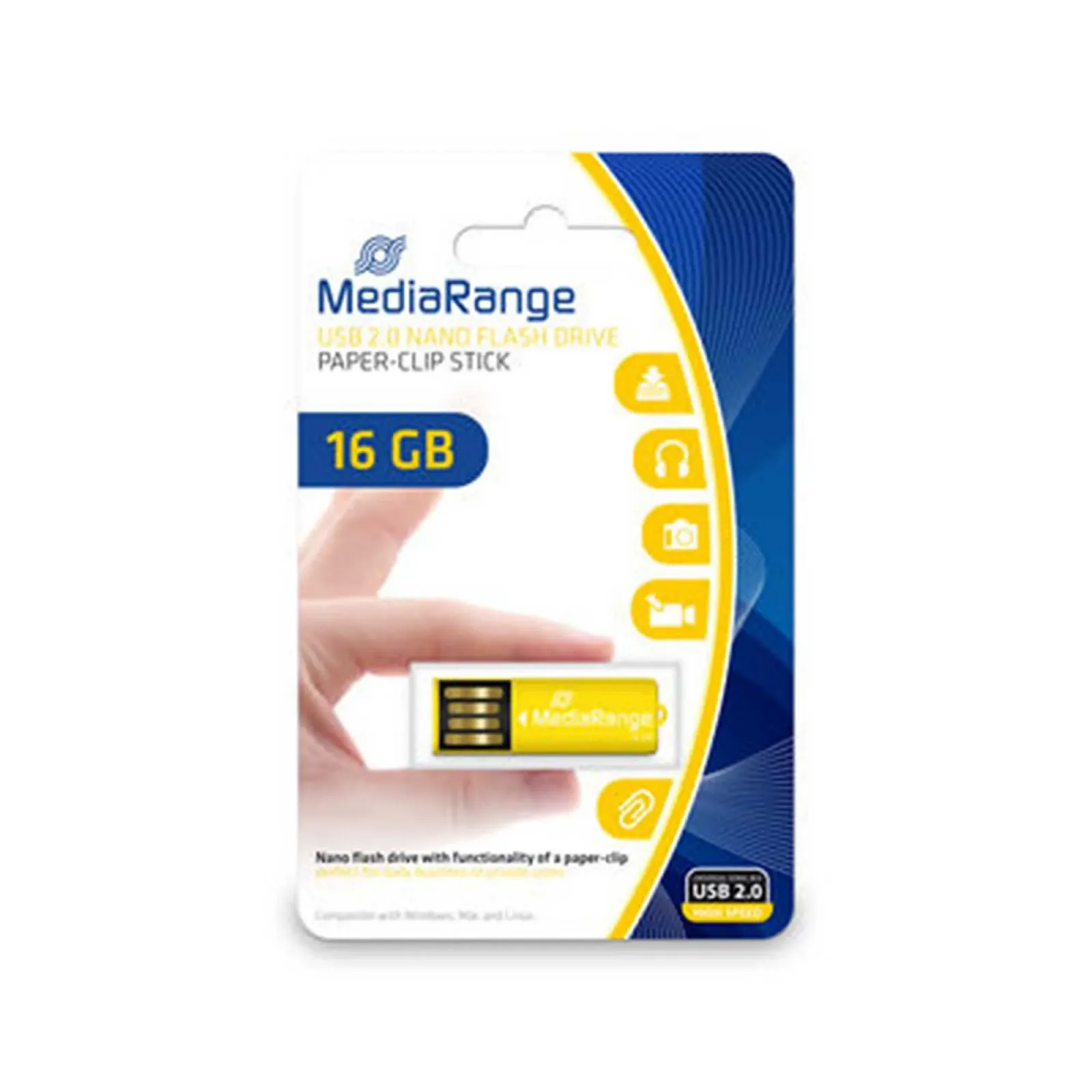 USB-накопичувач MediaRange MR976 16GB Nano Stick з функцією скріпки Жовтий, фото №1 USB-накопичувач MediaRange MR976 16GB Nano Stick з функцією скріпки Жовтий, фото №1