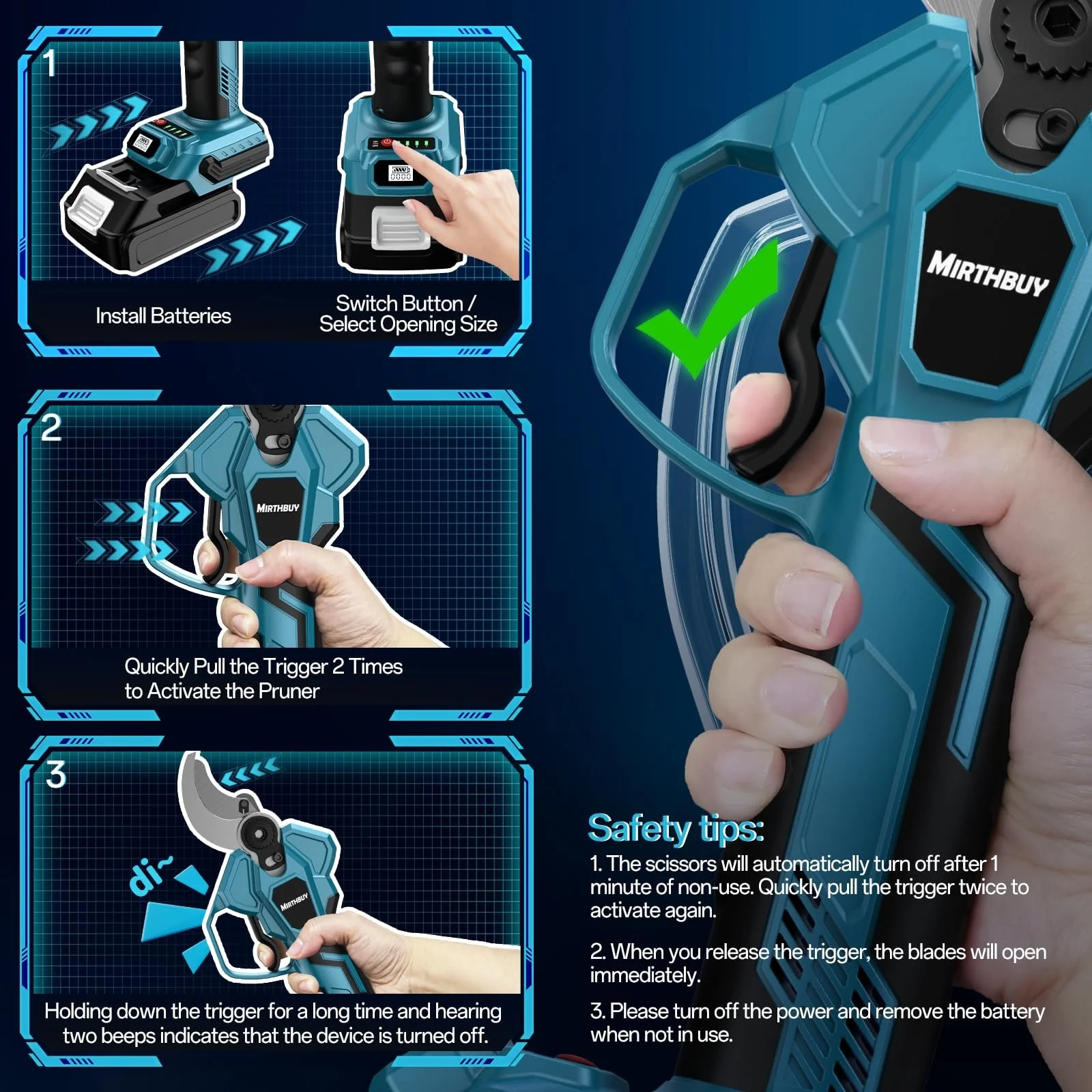 Секатор акумуляторний MIRTHBUY 18 V, 40 мм електричний, максимальне відкриття 65 мм, безщітковий двигун, РК-дисплей, для обрізки дерев (без акумулятора, без зарядного пристрою), фото №6