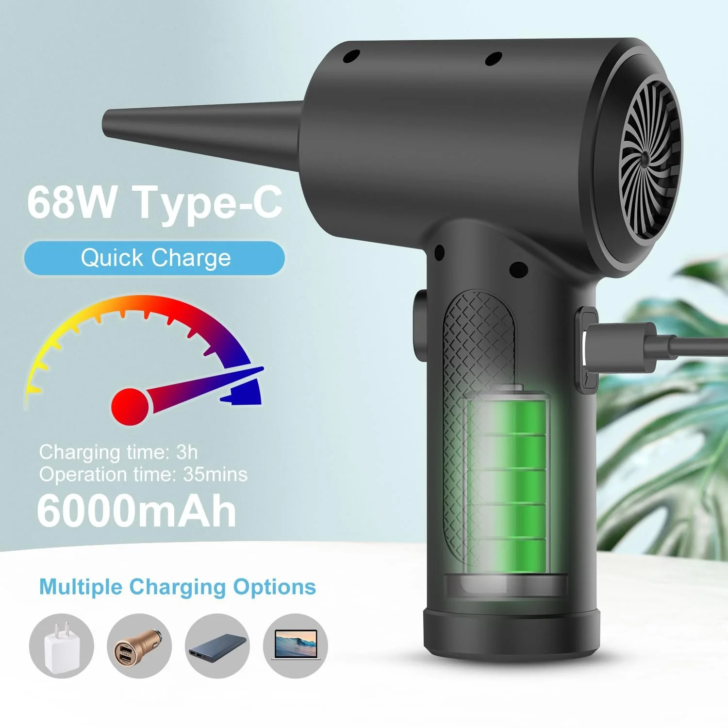 Электрический очиститель воздуха 3-скоростной 91000 RPM 7500 mAh LED, фото №5